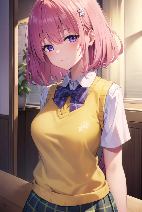 momodevilluke, <lora:momodeviluke-lora-nochekaiser:1>,
momo deviluke, demon tail, hair flower, hair ornament, (purple eyes:1.1), pink hair, short hair, tail, <lora:sensualface_type4:0.8>, smile,
BREAK demon tail, green skirt, plaid, plaid skirt, sainan high school uniform, school uniform, skirt, sweater vest, thighhighs, (yellow sweater:1.5), short sleeves, bow, green bow,
BREAK indoors, classroom,
BREAK looking at viewer, (cowboy shot:1.5),
BREAK <lyco:GoodHands-beta2:1>, (masterpiece:1.2), best quality, high resolution, unity 8k wallpaper, (illustration:0.8), (beautiful detailed eyes:1.6), extremely detailed face, perfect lighting, extremely detailed CG, (perfect hands, perfect anatomy),