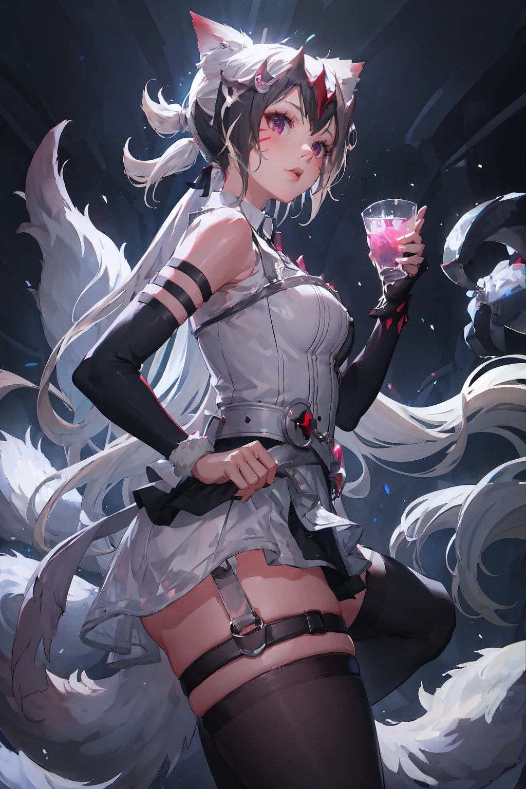 masterpiece, best quality, IncrsAhriChall, facial mark, ponytail, long hair, fox tail, multiple tails, <lora:AhriChallenger:0.75>, WatameNightFever, white dress, sleeveless, arm band, thigh strap, black thighhighs, <lora:WatameNF:1>