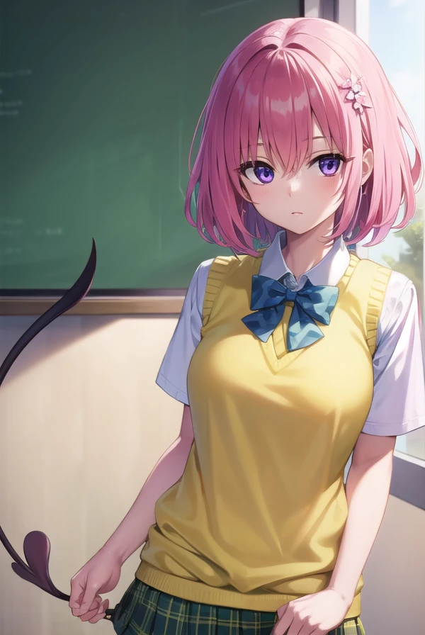 momodevilluke, <lora:momodeviluke-lora-nochekaiser:1>,
momo deviluke, demon tail, hair flower, hair ornament, (purple eyes:1.1), pink hair, short hair, tail,
BREAK demon tail, green skirt, plaid, plaid skirt, sainan high school uniform, school uniform, skirt, sweater vest, thighhighs, (yellow sweater:1.5),
BREAK indoors, classroom,
BREAK looking at viewer, (cowboy shot:1.5),
BREAK <lyco:GoodHands-beta2:1>, (masterpiece:1.2), best quality, high resolution, unity 8k wallpaper, (illustration:0.8), (beautiful detailed eyes:1.6), extremely detailed face, perfect lighting, extremely detailed CG, (perfect hands, perfect anatomy),