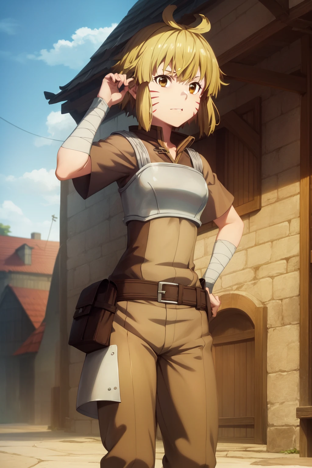 ((1 woman with yellow hair,((medium breasts, bare breasts, erect breasts)),((brown shorts, no blouse, with boots, belt with a glue)),((brown eyes, happy face)),( (standing, facing the viewer)), in a forest with a view of a haunted city, at night)),