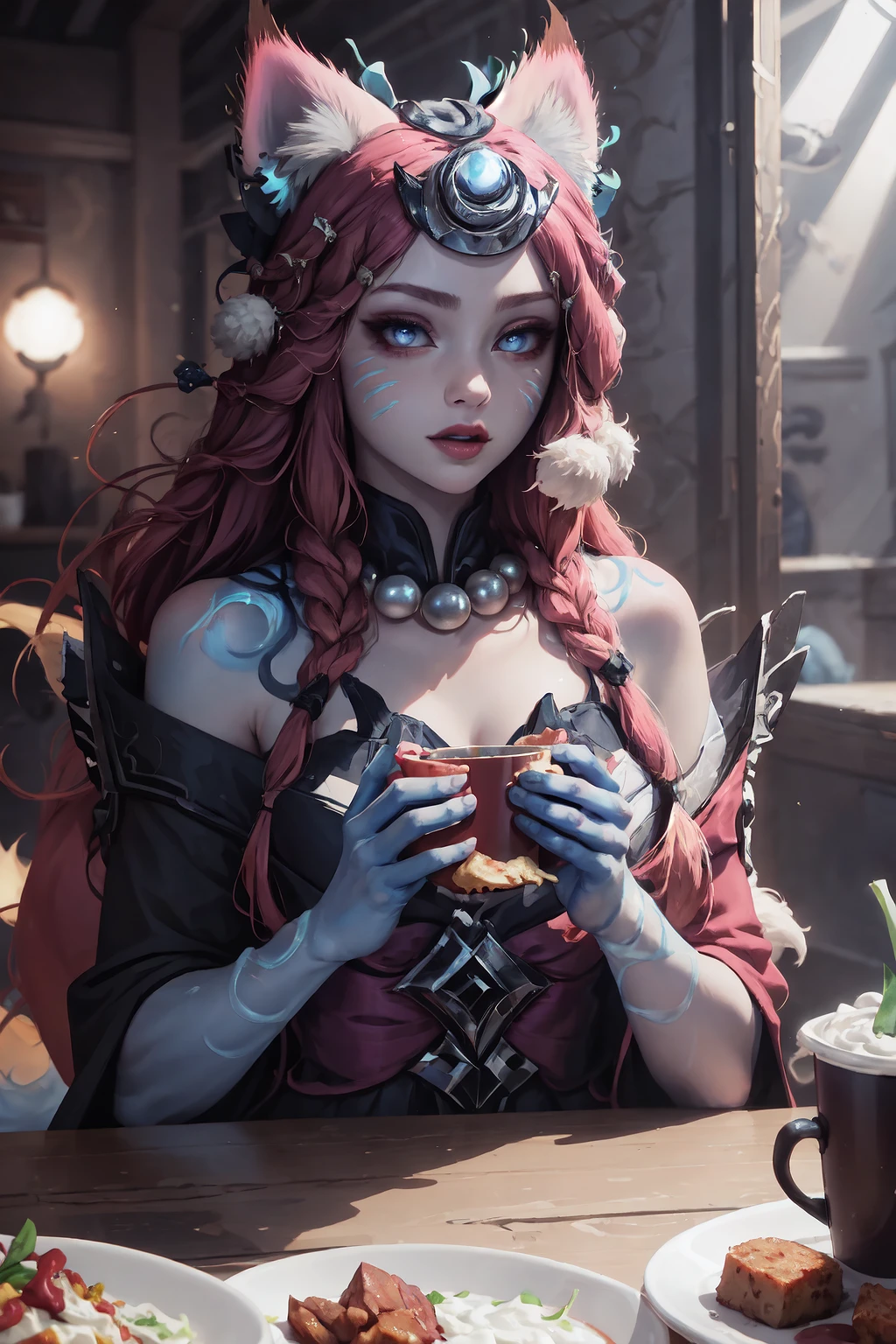 masterpiece, best quality, IncrsAhriSM, fox tail, multiple tails, japanese clothes, glowing, necklace, glowing hands, blue skinned hands, <lora:AhriSM:0.8>, food, simple background, elbows on table, cup, blurry background, indoors, upper body, <lora:Pos_AcrossTable:1>