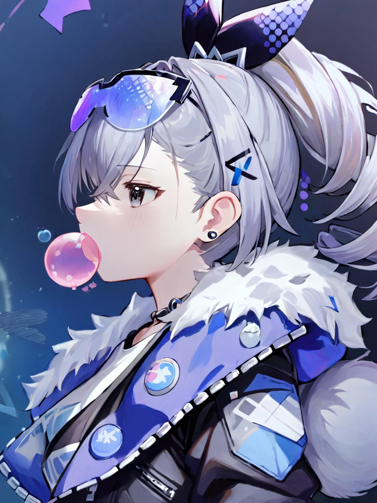 ltra-detailed,(best quality),((masterpiece)),(highres),original,extremel,<lora:Silver Wolfx 2_xl:1>,yinlang, 1girl, chewing gum, solo, bubble blowing, jacket, fur trim, earrings, black jacket, jewelry, blurry background, hair ornament, blurry, from side, upper body, twin drills, profile, long sleeves, fur-trimmed jacket, ear piercing, hair between eyes