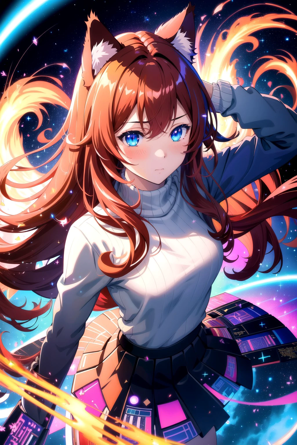 (masterpiece, best quality, highres), anime art style, pixiv, 1girl, solo,
abstract, abstract background, (bloom, swirling lights, light particles), 
floating, romanticized, blush, emotional, cat ears, fire, galaxy,
dark red hair, blue eyes, long hair, straight hair, from above,
medium breasts, mature female, sweater,