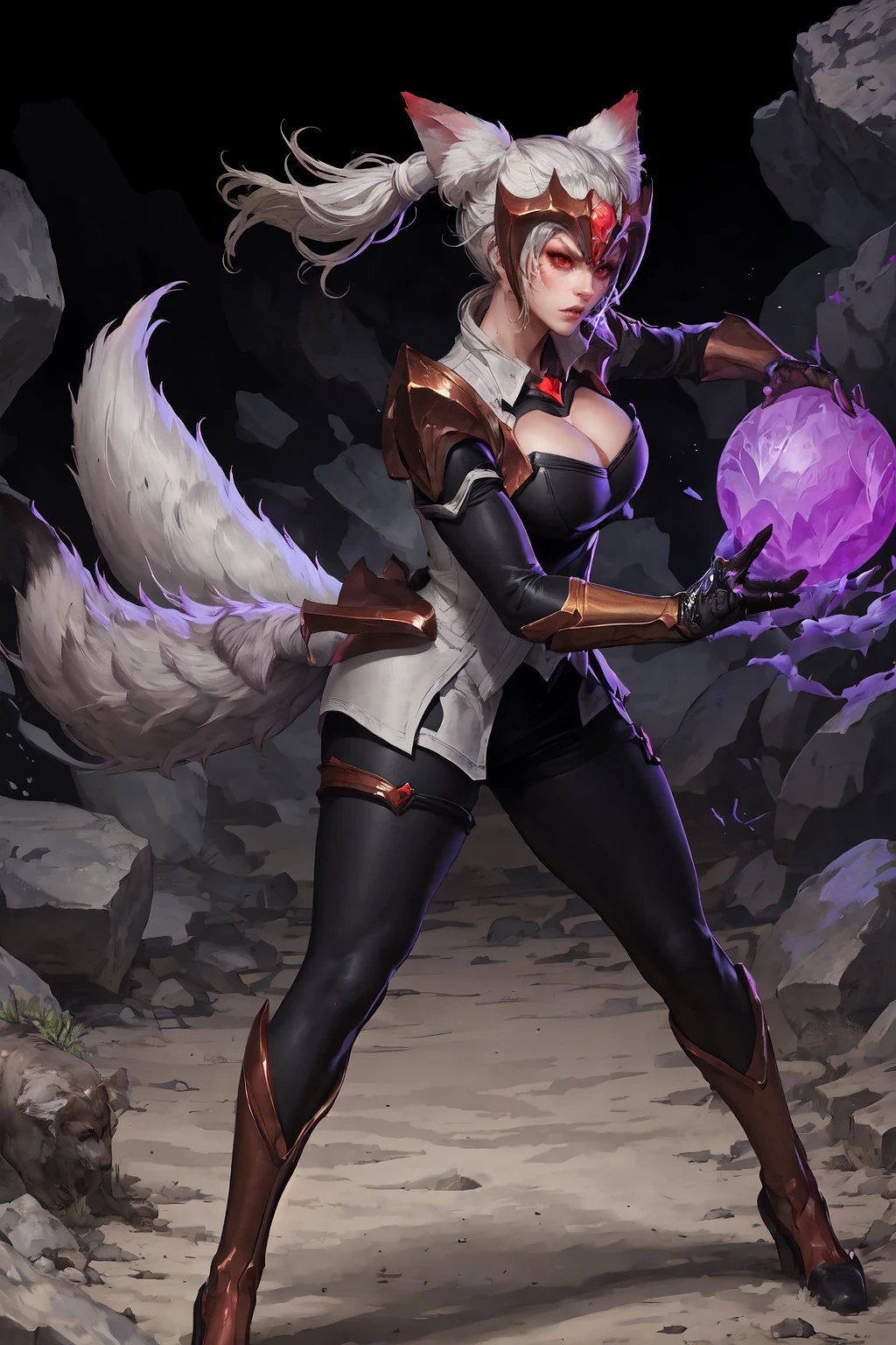 masterpiece, best quality, IncrsAhriChall, ponytail, long hair, fox tail, multiple tails, cleavage, gem, <lora:AhriChallenger:0.9>, attack action, intricate design, sharp focus, <lora:Pos_AttackingConcept:0.6>, energy, energy ball, fighting stance, stance, facial mark, angry,