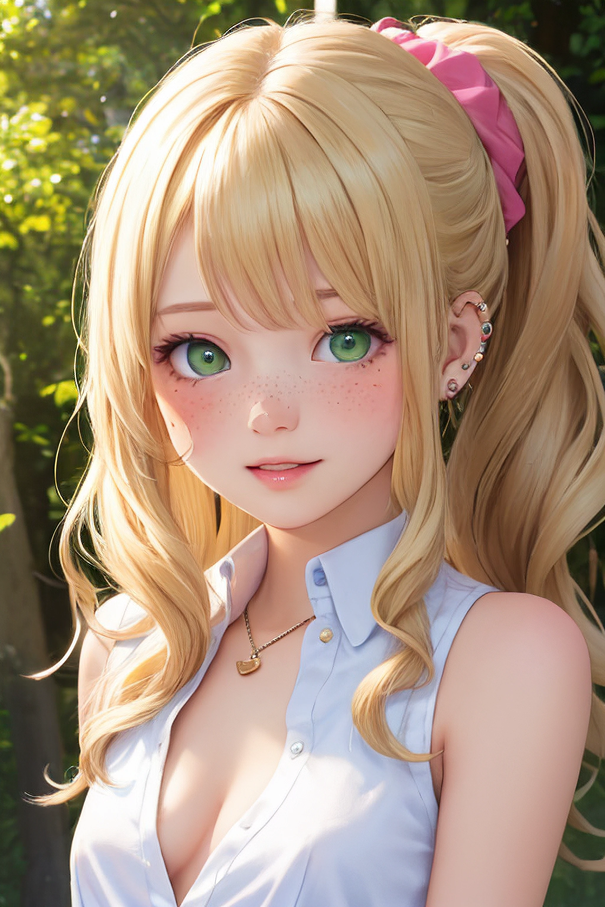 (masterpiece, best quality), 1girl, solo, face, parted lips, looking at viewer, light blush, light smile, pendant, ear piercing, long eyelashes, blonde hair, long wavy hair, high ponytail, asymmetrical bangs, green eyes, freckles, pale skin, outdoors, park, sunlight, pink scrunchie, white collared shirt, sleeveless, cleavage, small perky breasts, sexually suggestive