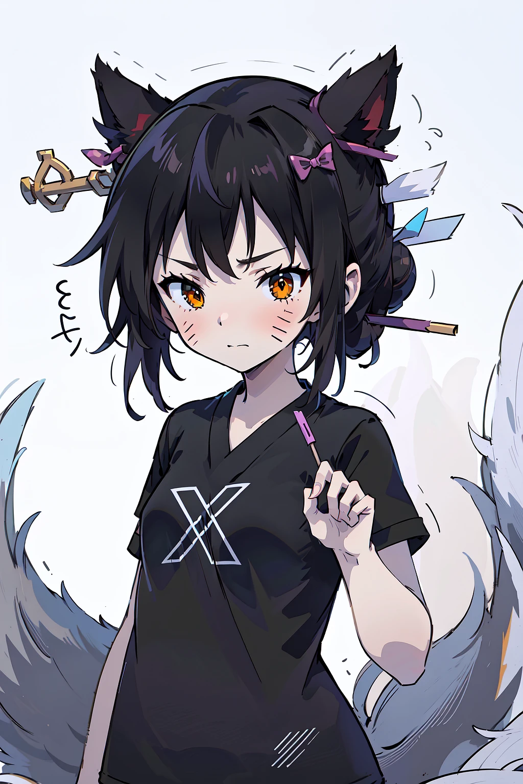 masterpiece, best quality, IncrsAhriDynasty, facial mark, fox tail, multiple tails, hair bun, (hair stick:1.1), hair ribbon, <lora:AhriDynasty:0.8>, IncrsX, shirt, black shirt, <lora:Outfit_TwitterXShirt:1>