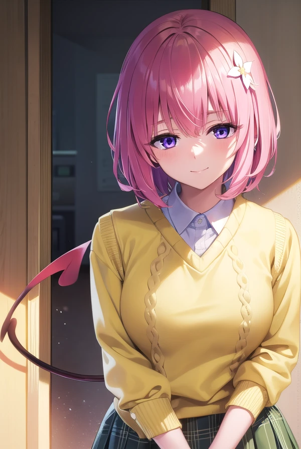 momodevilluke, <lora:momodeviluke-lora-nochekaiser:1>,
momo deviluke, demon tail, hair flower, hair ornament, (purple eyes:1.1), pink hair, short hair, tail, <lora:sensualface_type4:0.8>, smile,
BREAK demon tail, green skirt, plaid, plaid skirt, sainan high school uniform, school uniform, skirt, sweater vest, thighhighs, (yellow sweater:1.5),
BREAK indoors, classroom,
BREAK looking at viewer, (cowboy shot:1.5),
BREAK <lyco:GoodHands-beta2:1>, (masterpiece:1.2), best quality, high resolution, unity 8k wallpaper, (illustration:0.8), (beautiful detailed eyes:1.6), extremely detailed face, perfect lighting, extremely detailed CG, (perfect hands, perfect anatomy),