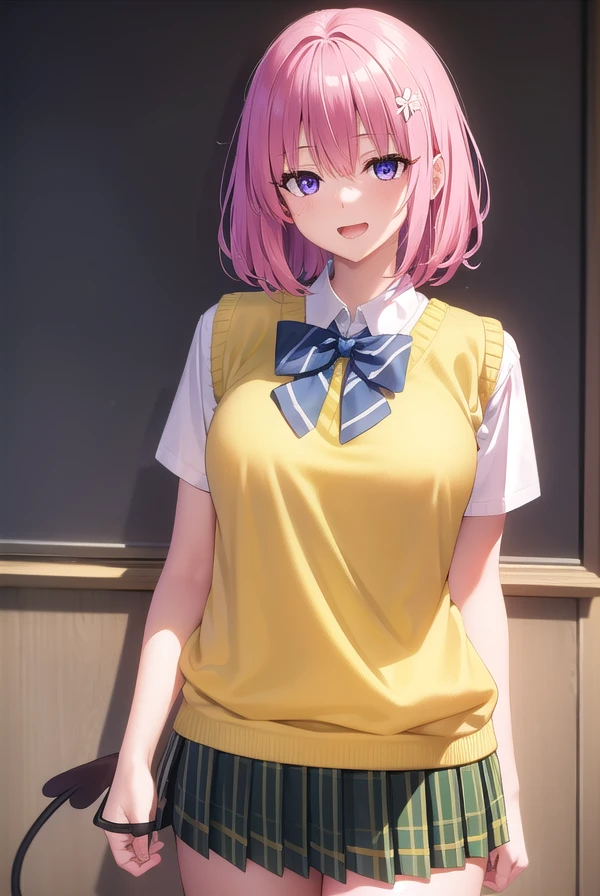 momodevilluke, <lora:momodeviluke-lora-nochekaiser:1>,
momo deviluke, demon tail, hair flower, hair ornament, (purple eyes:1.1), pink hair, short hair, tail, <lora:smirkingeye_v100:0.8>, <lora:smirkingmouth_v100:0.8> open mouth
BREAK demon tail, green skirt, plaid, plaid skirt, sainan high school uniform, school uniform, skirt, sweater vest, thighhighs, (yellow sweater:1.5), short sleeves, bow, green bow,
BREAK indoors, classroom,
BREAK looking at viewer, (cowboy shot:1.5),
BREAK <lyco:GoodHands-beta2:1>, (masterpiece:1.2), best quality, high resolution, unity 8k wallpaper, (illustration:0.8), (beautiful detailed eyes:1.6), extremely detailed face, perfect lighting, extremely detailed CG, (perfect hands, perfect anatomy),