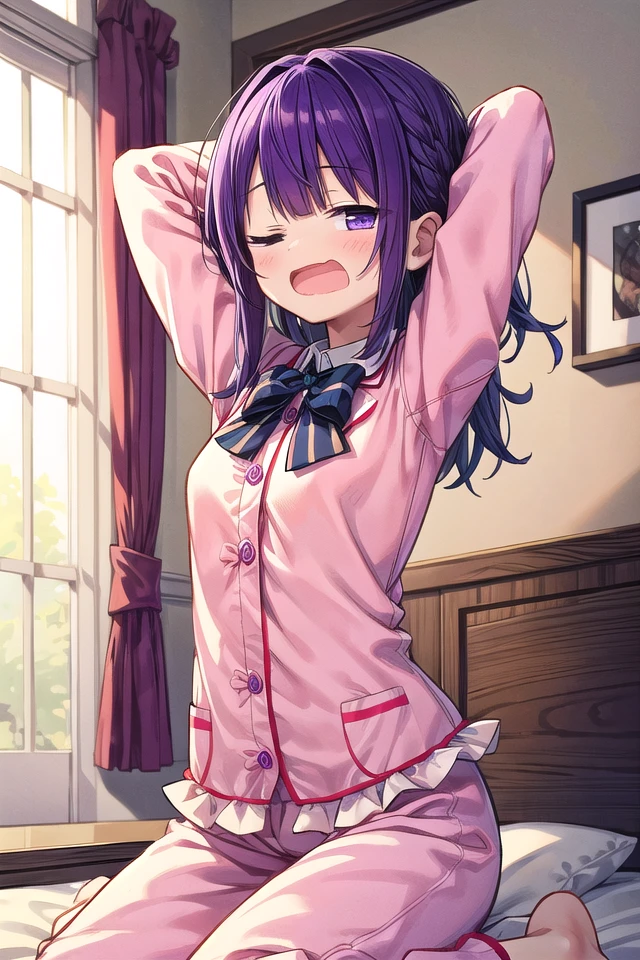 <lora:sleepy_v100:0.8>
insanely detailed, absurdres, ultra-highres, ultra-detailed, best quality,
1girl, solo, nice hands, perfect hands,
BREAK
<lora:rightwink_v120:1.5>, one eye closed, wink,
(wearing pastel colored pajama with frill:1.3),
sleepy, expressionless, open mouth,
(sitting on bed, yawning:1.3), (arms up:1.3), cowboy shot, from below,
BREAK
slender, kawaii, perfect symmetrical face, ultra cute girl, ultra cute face, ultra detailed eyes, ultra detailed hair, ultra cute, ultra beautiful,
BREAK
elegant hotel room, closed curtains, antique interior, ultra detailed background,
cinematic light, indirect lighting, evening light, depth of field,
medium large breasts, (cleavage:-1.5),
BREAK
<lora:wavymouth_type1_v100:1> open mouth, wavy mouth, (purple hair),
(dark purple eyes),
(messy hair)