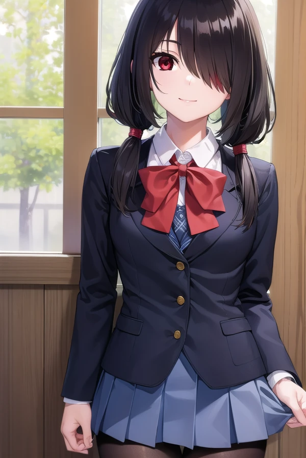 kurumitokisaki, <lora:kurumitokisaki-lora-nochekaiser:1>,
tokisaki kurumi, clock eyes, black hair, low twintails, (hair over one eye:1.5), (red eyes:1.5), (small breast:1.3), smile,
BREAK school uniform, jacket, pantyhose, pleated skirt, black pantyhose,
BREAK indoors, classroom,
BREAK looking at viewer, (cowboy shot:1.5),
BREAK <lyco:GoodHands-beta2:1>, (masterpiece:1.2), best quality, high resolution, unity 8k wallpaper, (illustration:0.8), (beautiful detailed eyes:1.6), extremely detailed face, perfect lighting, extremely detailed CG, (perfect hands, perfect anatomy),