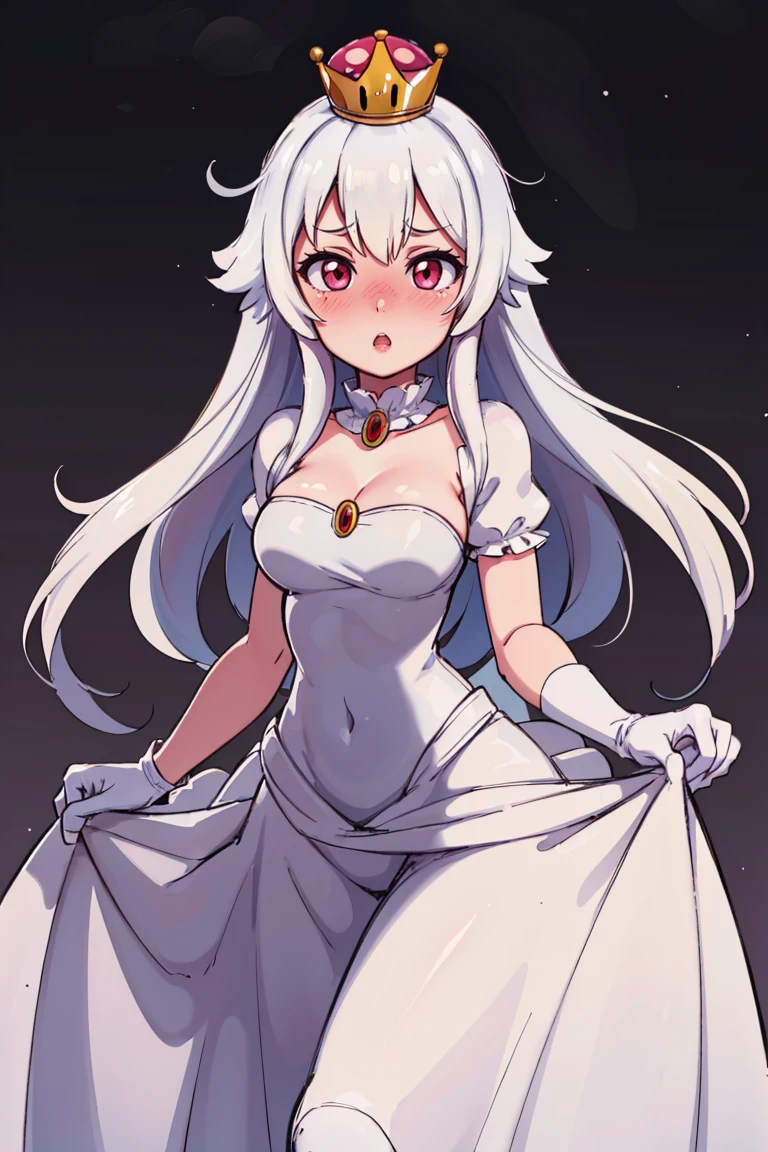 ((masterpiece,best quality)), absurdres,
<lora:Boosette_Mario_Anime:0.9>, Boosette_Mario, 1girl, long hair, white hair, long white dress, ballroom dress, white gloves, 
solo, :o, blushing, looking at viewer, cowboy shot, 
cinematic composition,