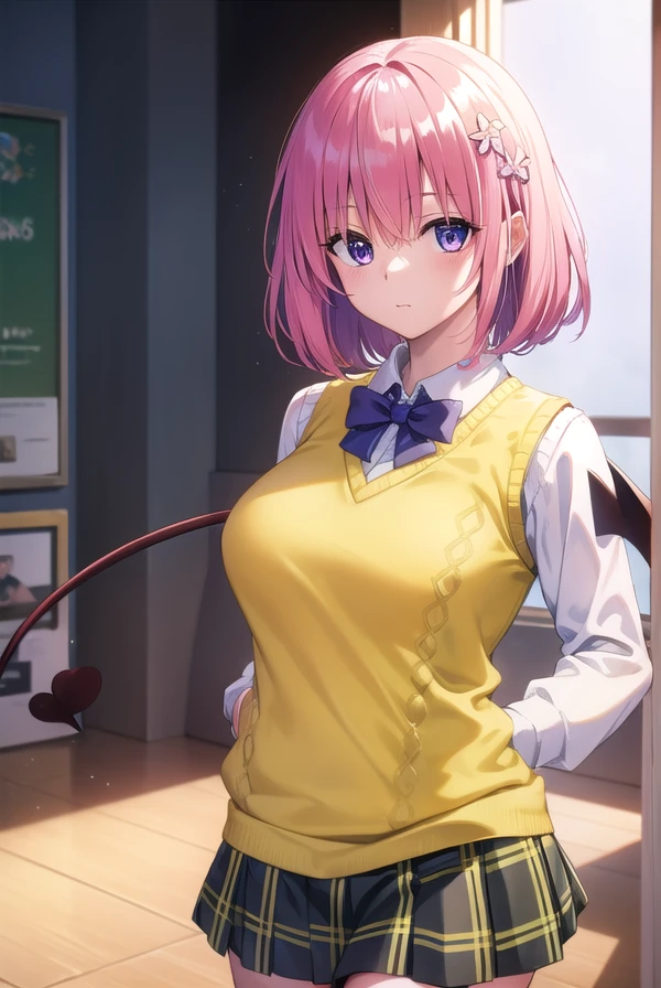 momodevilluke, <lora:momodeviluke-lora-nochekaiser:1>,
momo deviluke, demon tail, hair flower, hair ornament, (purple eyes:1.1), pink hair, short hair, tail,
BREAK demon tail, green skirt, plaid, plaid skirt, sainan high school uniform, school uniform, skirt, sweater vest, thighhighs, (yellow sweater:1.5),
BREAK indoors, classroom,
BREAK looking at viewer, (cowboy shot:1.5),
BREAK <lyco:GoodHands-beta2:1>, (masterpiece:1.2), best quality, high resolution, unity 8k wallpaper, (illustration:0.8), (beautiful detailed eyes:1.6), extremely detailed face, perfect lighting, extremely detailed CG, (perfect hands, perfect anatomy),