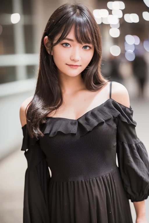 1girl, (wearing an off-the-shoulder dress:1.4),(RAW photo, best quality), (realistic, photo-realistic:1.4), masterpiece, an extremely delicate and beautiful, extremely detailed, 2k wallpaper, Amazing, finely detail, extremely detailed CG unity 8k wallpaper, ultra-detailed, highres, soft light, beautiful detailed girl, extremely detailed eyes and face, beautiful detailed nose, beautiful detailed eyes,(cinematic lighting:0.8),(in the city at night:2.0),perfect anatomy,(slender body:1.8),smiling,(young girl:1.6),(close up:2.0),(look at viewer),(front view:1.4),cinematic angle,(cleavage:1.4),(wavy long hair),(brown eyes:1.6), (standing:2.0), <lora:hishikawahana_lora-03:0.8>