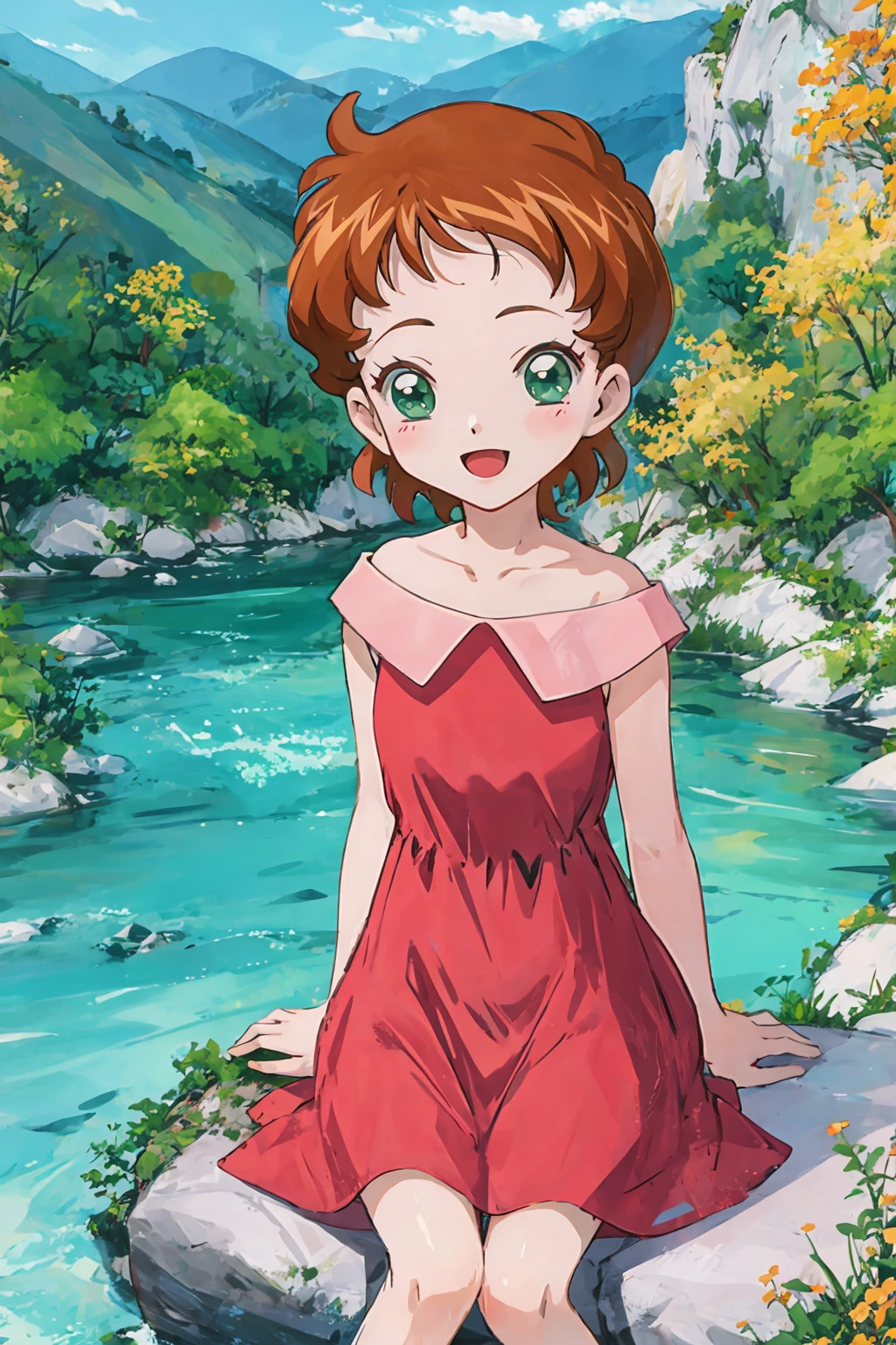 sndsuzuka, child, very short hair, brown hair, green eyes, bangs, collarbone, off-shoulder dress, red dress, sleeveless dress, short dress, :d, sitting, mountain, river <lora:sounanda-suzuka-3:1>