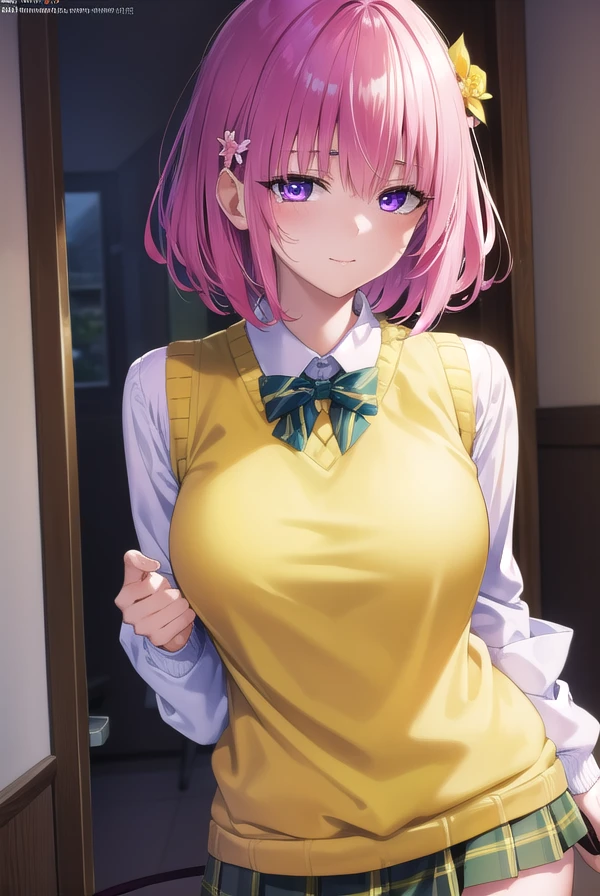 momodevilluke, <lora:momodeviluke-lora-nochekaiser:1>,
momo deviluke, demon tail, hair flower, hair ornament, (purple eyes:1.1), pink hair, short hair, tail, <lora:sensualface_type4:0.8>, smile,
BREAK demon tail, green skirt, plaid, plaid skirt, sainan high school uniform, school uniform, skirt, sweater vest, thighhighs, (yellow sweater:1.5),
BREAK indoors, classroom,
BREAK looking at viewer, (cowboy shot:1.5),
BREAK <lyco:GoodHands-beta2:1>, (masterpiece:1.2), best quality, high resolution, unity 8k wallpaper, (illustration:0.8), (beautiful detailed eyes:1.6), extremely detailed face, perfect lighting, extremely detailed CG, (perfect hands, perfect anatomy),