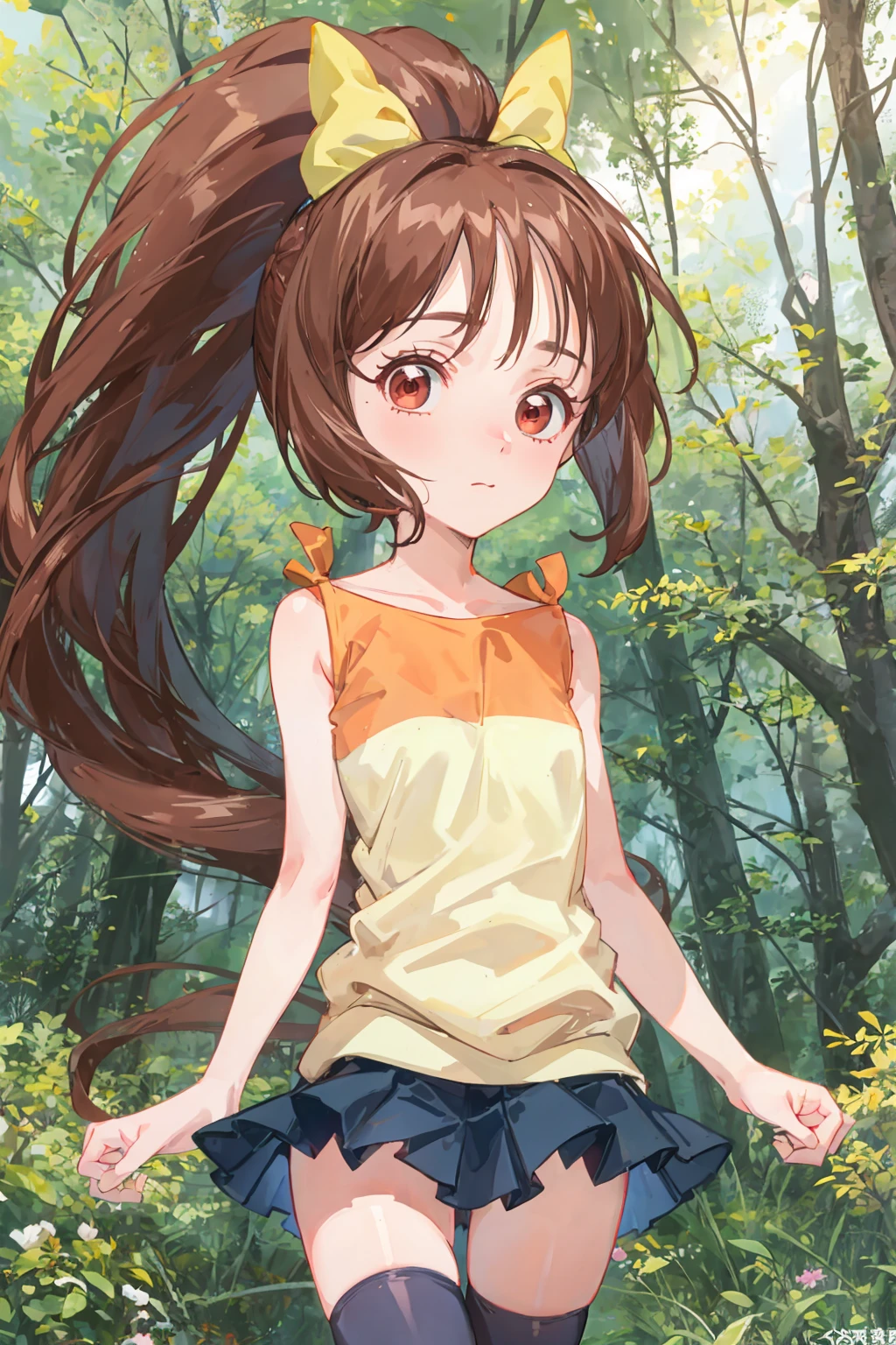 sndmio, brown eyes, long hair, brown hair, ponytail, hair bow, short skirt, thighhighs, zettai ryouiki|, embarrassed, looking at viewer, forest <lora:sounanda-mio-000003:1>