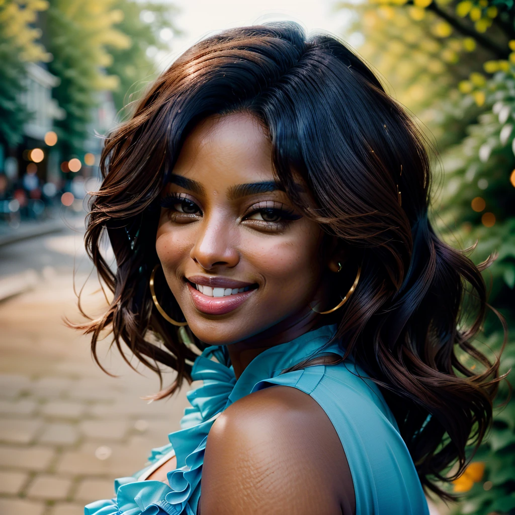 RAW photo, portrait, close-up, PriBlle, looking at viewer, smiling, perfect hair, perfect skin:1.3, professional headshot, shot on Hasselblad, perfect lighting, dutch angle, bokeh, outdoors, depth of field, blue dress, warm, loving, friendly <lora:PriBlle:0.9> <lora:XenoDetailer_v2:0.6>