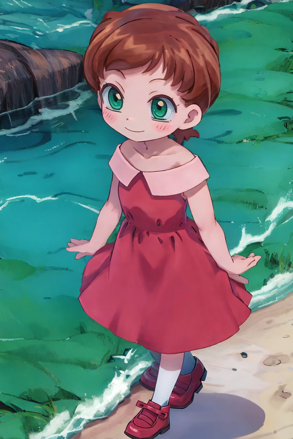 sndsuzuka, child, very short hair, brown hair, green eyes, bangs, collarbone, off-shoulder dress, red dress, sleeveless dress, short dress, smile, walking, beach <lora:sounanda-suzuka-3:1>