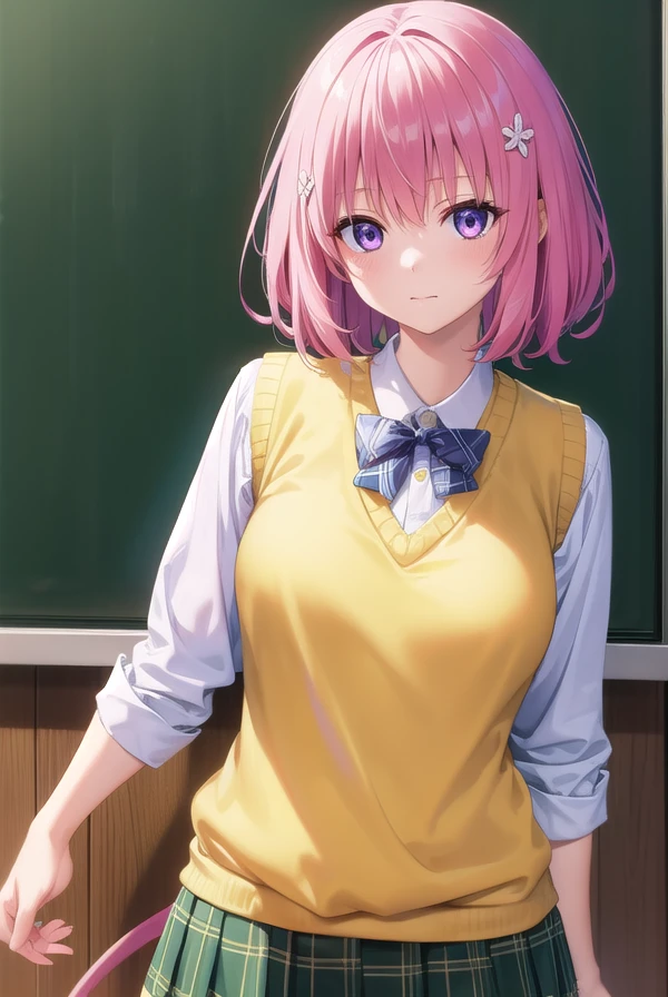 momodevilluke, <lora:momodeviluke-lora-nochekaiser:1>,
momo deviluke, demon tail, hair flower, hair ornament, (purple eyes:1.1), pink hair, short hair, tail,
BREAK demon tail, green skirt, plaid, plaid skirt, sainan high school uniform, school uniform, skirt, sweater vest, thighhighs, (yellow sweater:1.5),
BREAK indoors, classroom,
BREAK looking at viewer, (cowboy shot:1.5),
BREAK <lyco:GoodHands-beta2:1>, (masterpiece:1.2), best quality, high resolution, unity 8k wallpaper, (illustration:0.8), (beautiful detailed eyes:1.6), extremely detailed face, perfect lighting, extremely detailed CG, (perfect hands, perfect anatomy),