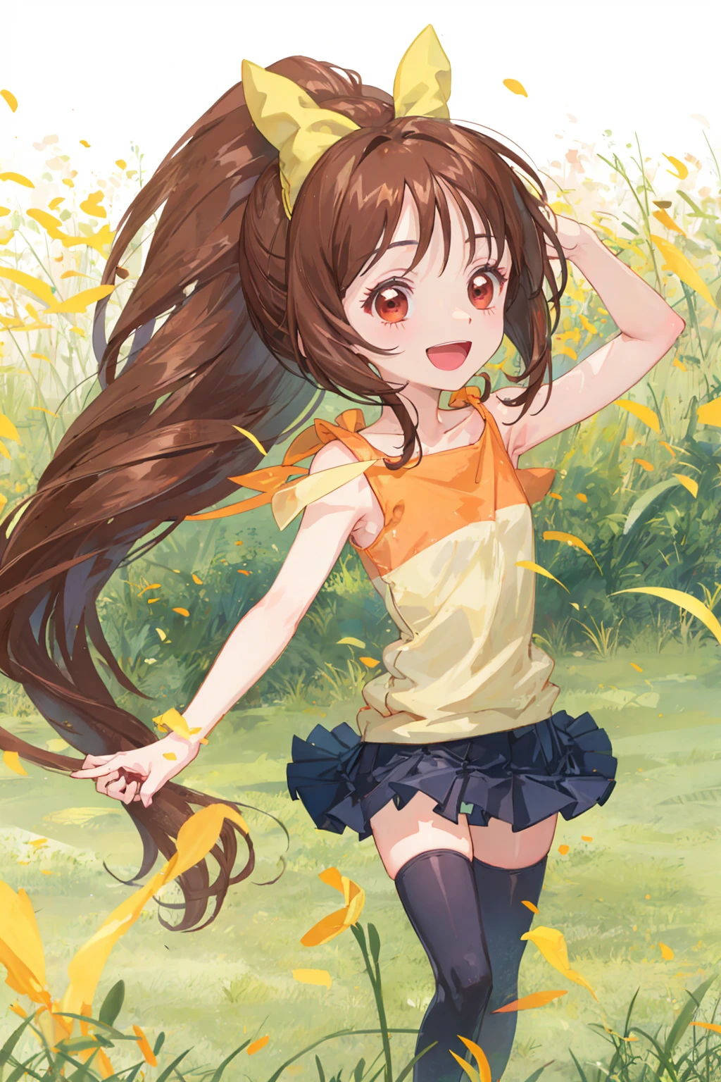 sndmio, brown eyes, long hair, brown hair, ponytail, hair bow, short skirt, thighhighs, zettai ryouiki|, :d, , grass field <lora:sounanda-mio-000003:1>