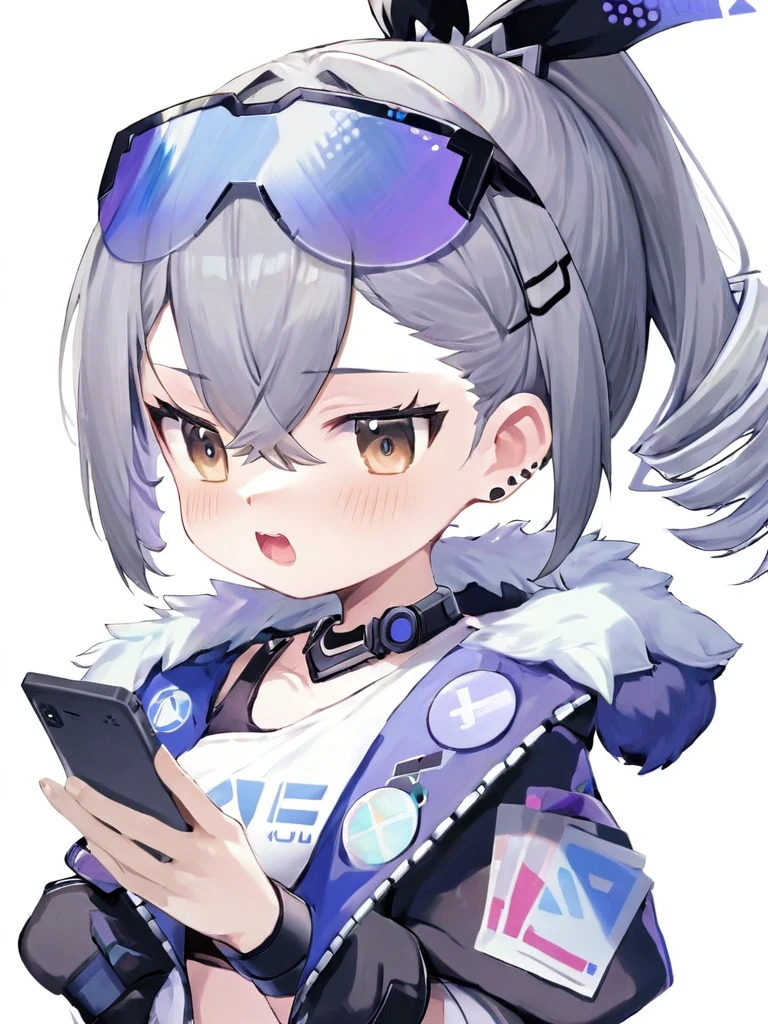 ltra-detailed,(best quality),((masterpiece)),(highres),original,extremel,<lora:Silver Wolfx 2_xl:1>,yinlang,1girl,jacket,1girl,solo,phone,gloves,cellphone,jacket,looking at viewer,fingerless gloves,holding,holding phone,smartphone,black gloves,white background,blush,simple background,earrings,bare shoulders,jewelry,hair between eyes,fur trim,closed mouth,twin drills,black jacket,goggles on head,