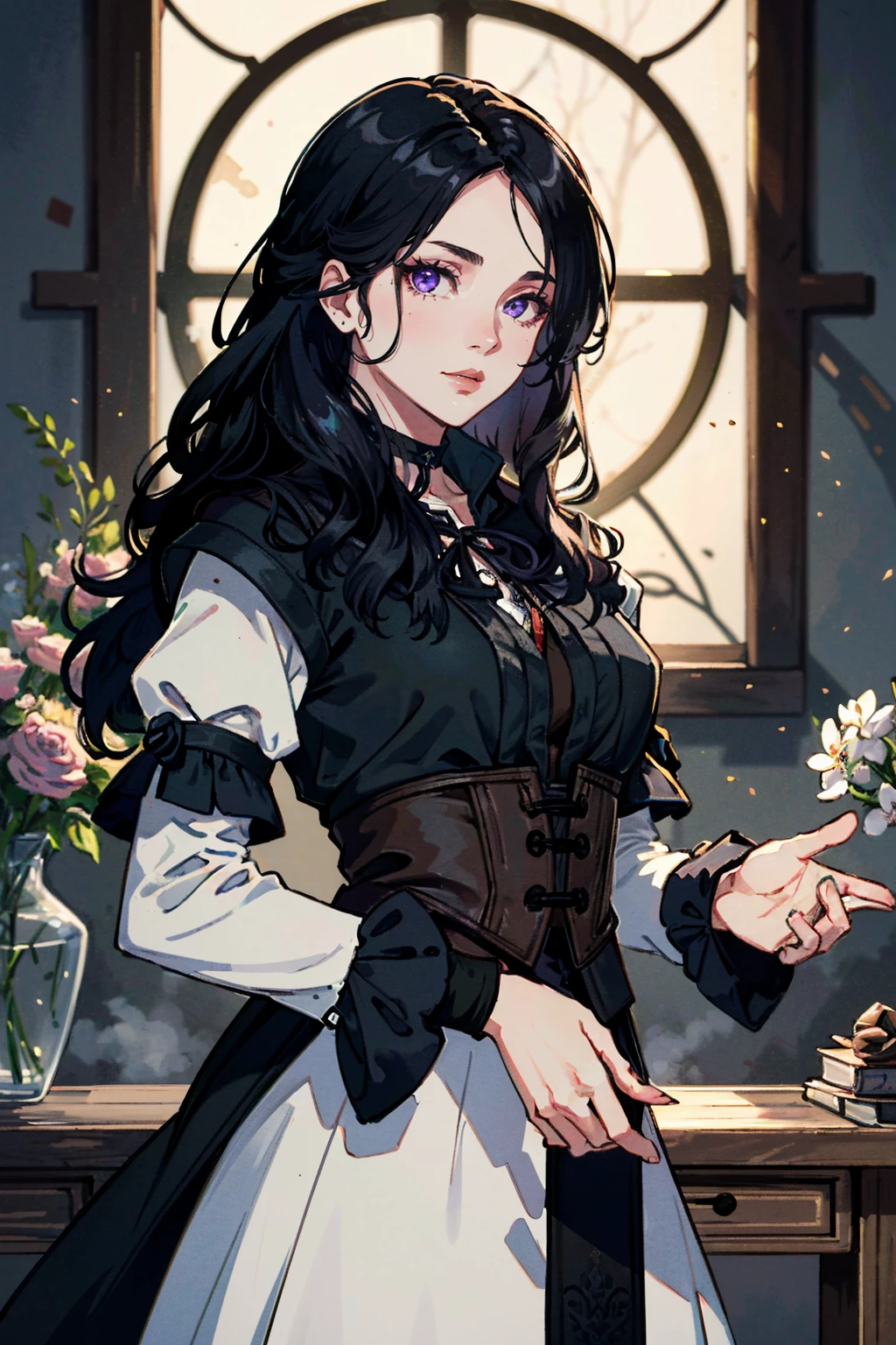 ( masterpiece, best quality, highres:1.3)
WitcherYennefer, 1girl, solo, black hair, purple eyes, puffy detached sleeves
 <lora:WitcherYennefer-000005:0.8>