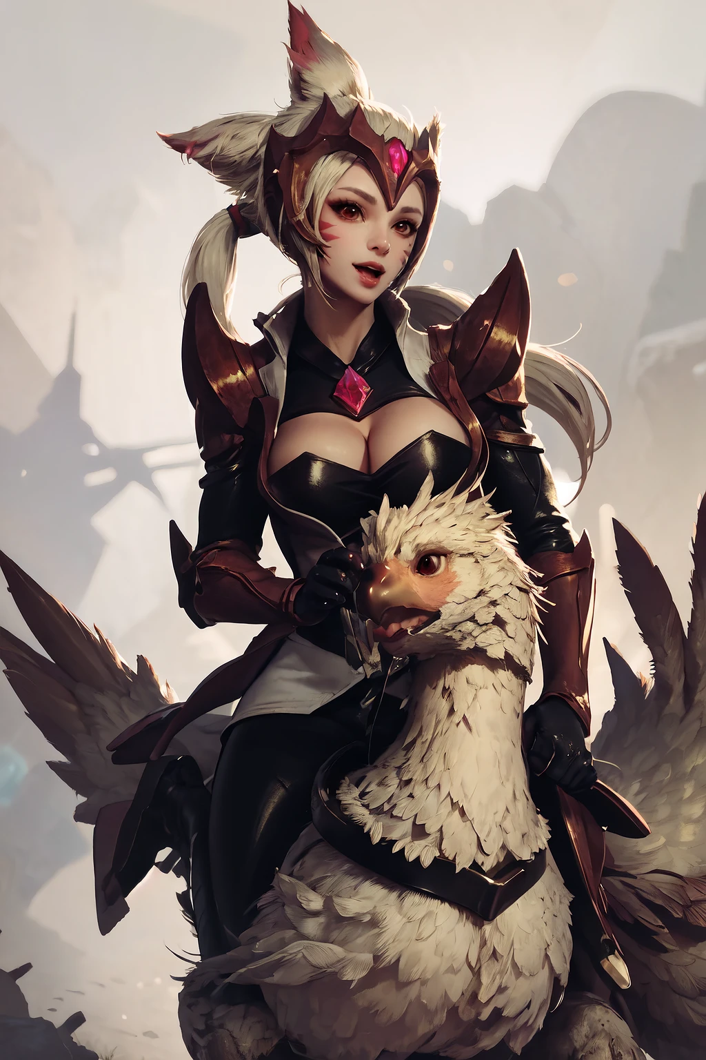 masterpiece, best quality, IncrsAhriChall, ponytail, long hair, fox tail, multiple tails, cleavage, gem, <lora:AhriChallenger:1>, facial mark, chocobo, riding chocobo, <lora:Pos_ChocoboRiding:1>, happy, :D,