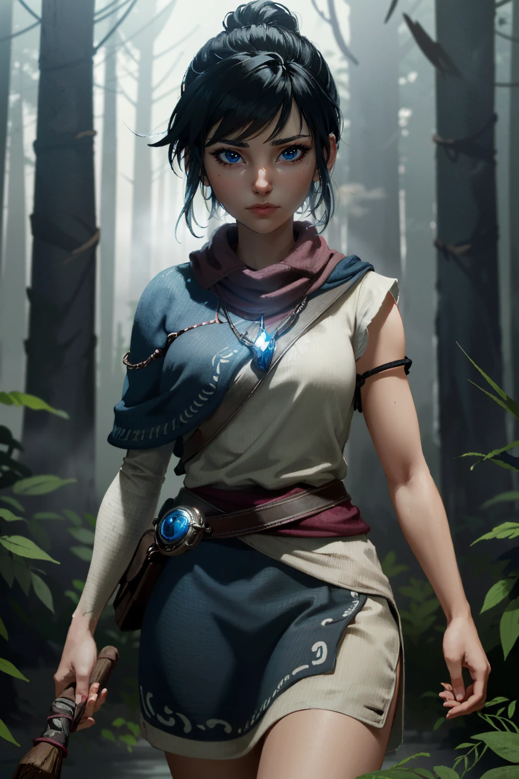 ( work of art, best qualityer, high resolution:1.3)
KenaBridgeofSpirits, 1 girl, Bblack hair, blue colored eyes, cowboy shot, enchanted forest, twilight, ethereal and mystical with soft golden light