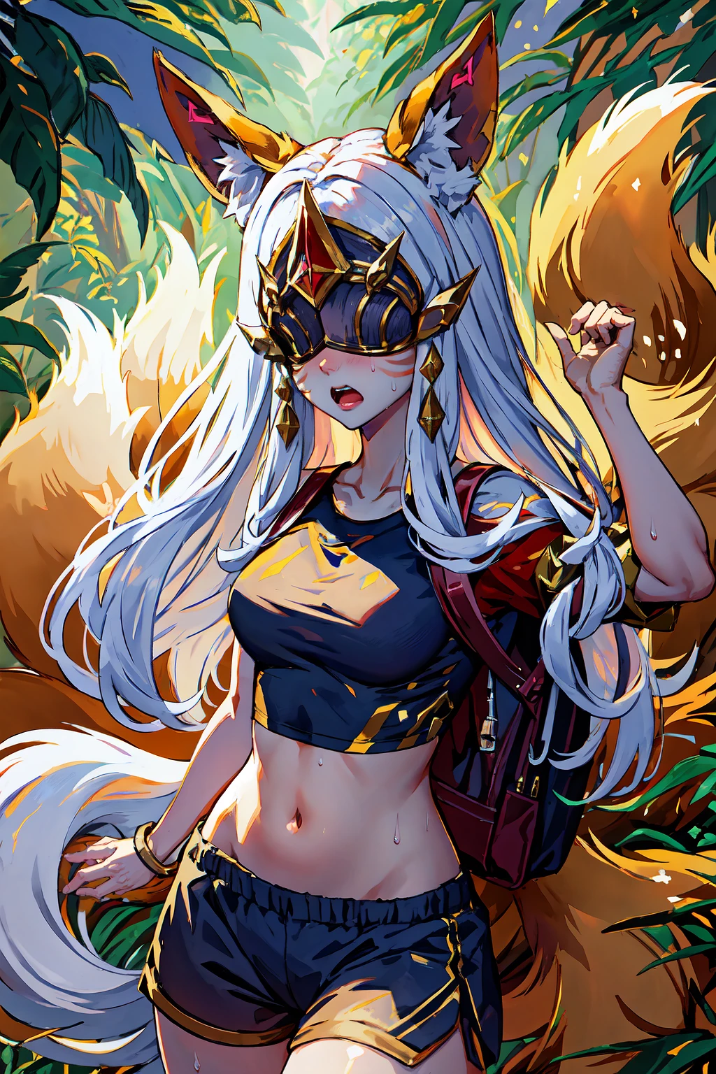 masterpiece, best quality, IncrsAhriArcana, fox tail, multiple tails, mask, <lora:AhriArcana:0.8>, jungle, crop top, angry, sweat, exploration, embarrassed, backpack, shorts, white tank top,