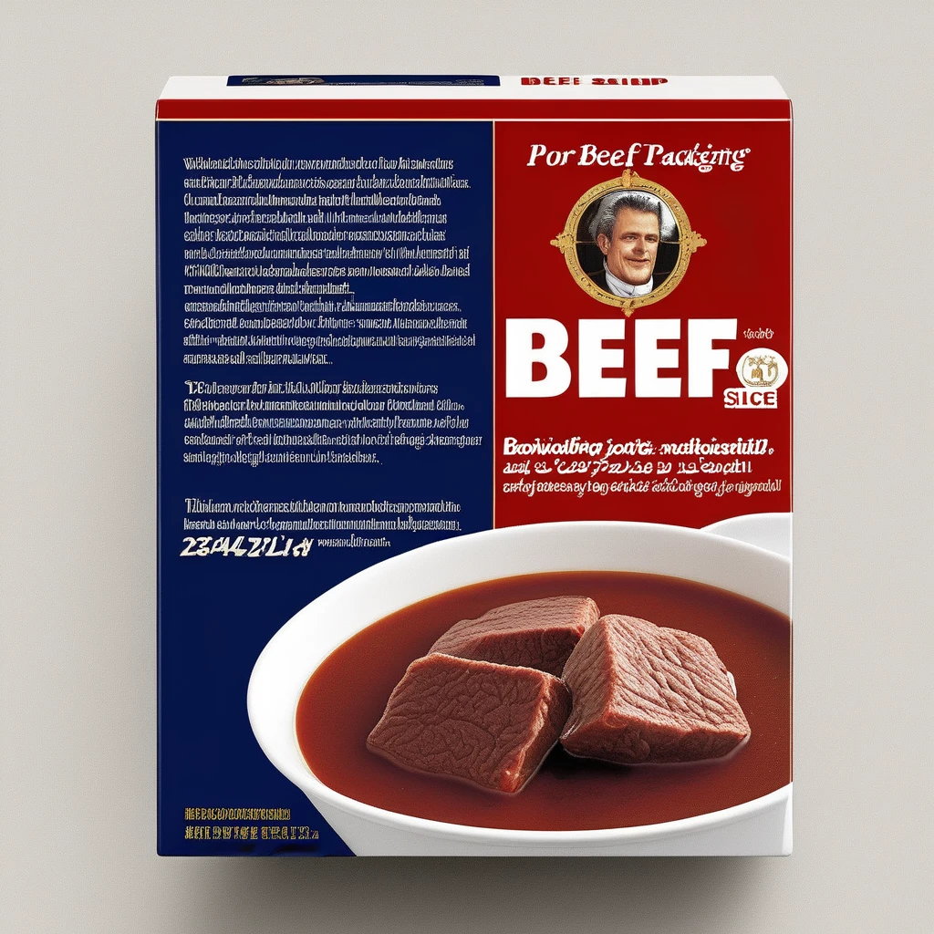 A packaging box designed for a beef slice soup seasoning pack. The box should be visually appealing and practical for storing seasoning packets. The primary colors could be warm tones like red and brown to signify the richness of the beef flavor. ,<lora:beef_noodle:0.55>,The product name should be prominently displayed in English on the front of the box, perhaps with a stylish font that evokes a sense of quality and tradition. Imagery on the box could include illustrations or photos of the beef slices, herbs, and spices that are part of the seasoning. Additional text could include cooking instructions, ingredients, and nutritional information , <lora:tlbv1:0.5>