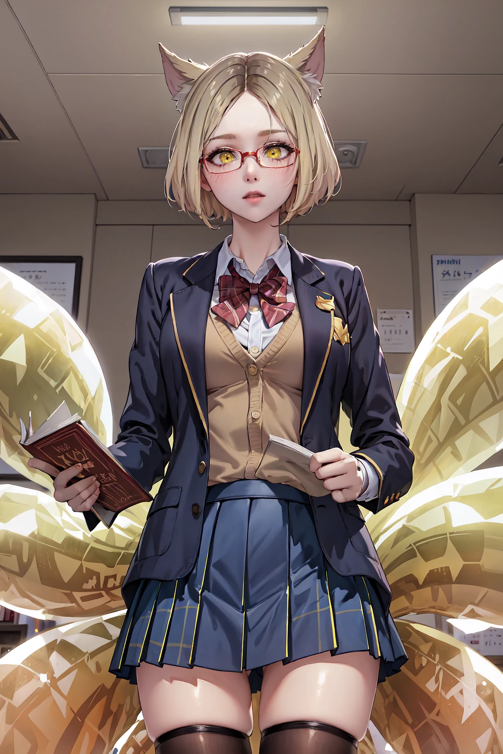 masterpiece, best quality, IncrsAhriKDAPE, fox tail, multiple tails, <lora:AhriKDAPE:1>, blazer, (blue jacket:1.1), red bow, book, green skirt, plaid skirt, pleated skirt, school uniform thighhighs, yellow sweater, cardigan, glasses