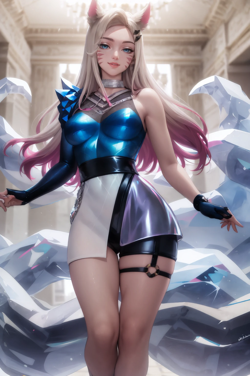 masterpiece, best quality, IncrsAhriKDAAllOut, <lora:AhriKDAAllOut:1>, fox tail, multiple tails, single fingerless glove, single glove, asymmetrical clothes, smile, face mark,