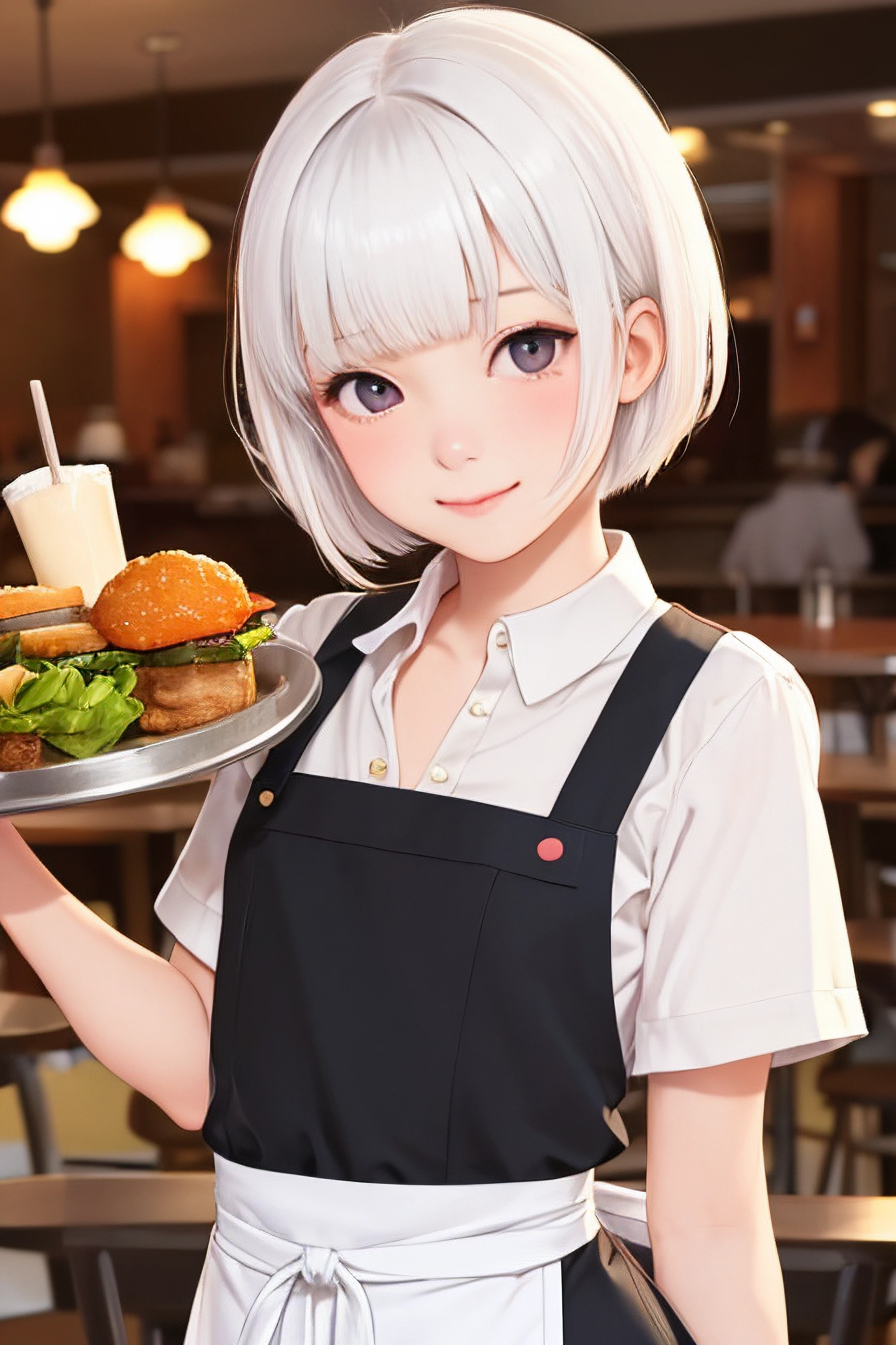 (masterpiece, best quality), 1girl, solo, white hair, short hair, straight hair, blunt bangs, grey eyes, flat chest, narrow waist, petite, pale skin, restaurant, waitress, uniform, waist apron, tray, looking at viewer, light blush, light smile, head tilt, sexually suggestive