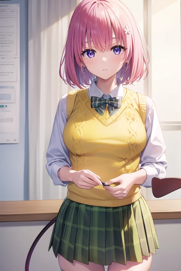 momodevilluke, <lora:momodeviluke-lora-nochekaiser:1>,
momo deviluke, demon tail, hair flower, hair ornament, (purple eyes:1.1), pink hair, short hair, tail,
BREAK demon tail, green skirt, plaid, plaid skirt, sainan high school uniform, school uniform, skirt, sweater vest, thighhighs, (yellow sweater:1.5),
BREAK indoors, classroom,
BREAK looking at viewer, (cowboy shot:1.5),
BREAK <lyco:GoodHands-beta2:1>, (masterpiece:1.2), best quality, high resolution, unity 8k wallpaper, (illustration:0.8), (beautiful detailed eyes:1.6), extremely detailed face, perfect lighting, extremely detailed CG, (perfect hands, perfect anatomy),