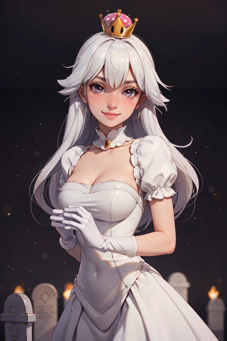 centered, award winning upper body portrait, cowboy shot, (looking at viewer:1.2), |
<lora:Boosette_Mario_Anime:0.9>, Boosette_Mario, 1girl, long hair, white hair, long white dress, ballroom dress, white gloves, smiling, blushing, 
| graveyard, 
| bokeh, depth of field, cinematic composition, |