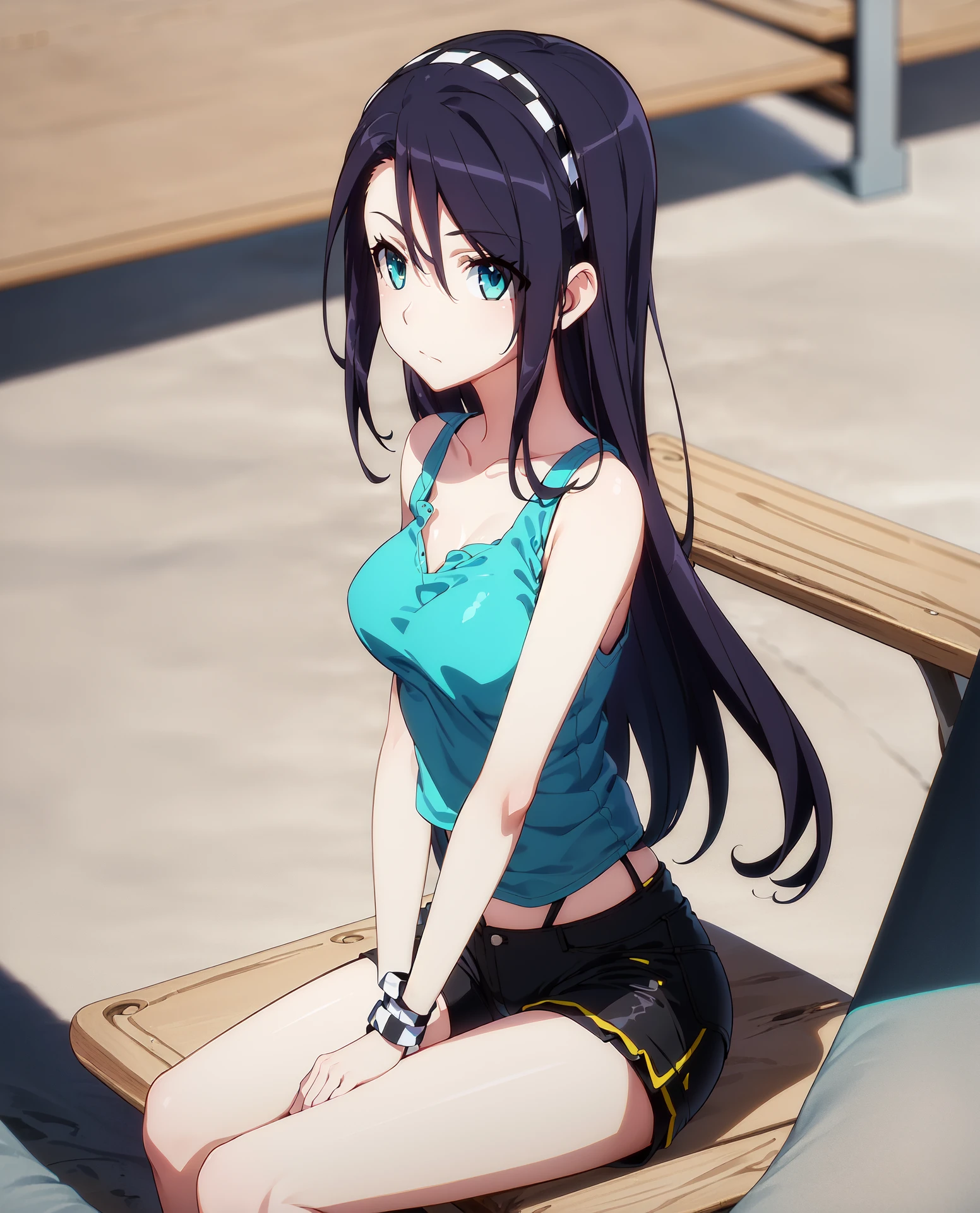 ((masterpiece, best quality, high detailed:1.2)), 8k uhd, 1girl, slender, solo, noa kashima, casual noa, <lora:NoaKashimaV1:1>, ((closed mouth)), long hair, ((hairband, aqua eyes)), ((blue tank top, black shorts)), outdoors, park, ((cowboy shot:1.2)), day, vivid colors, sitting, bench, medium breasts