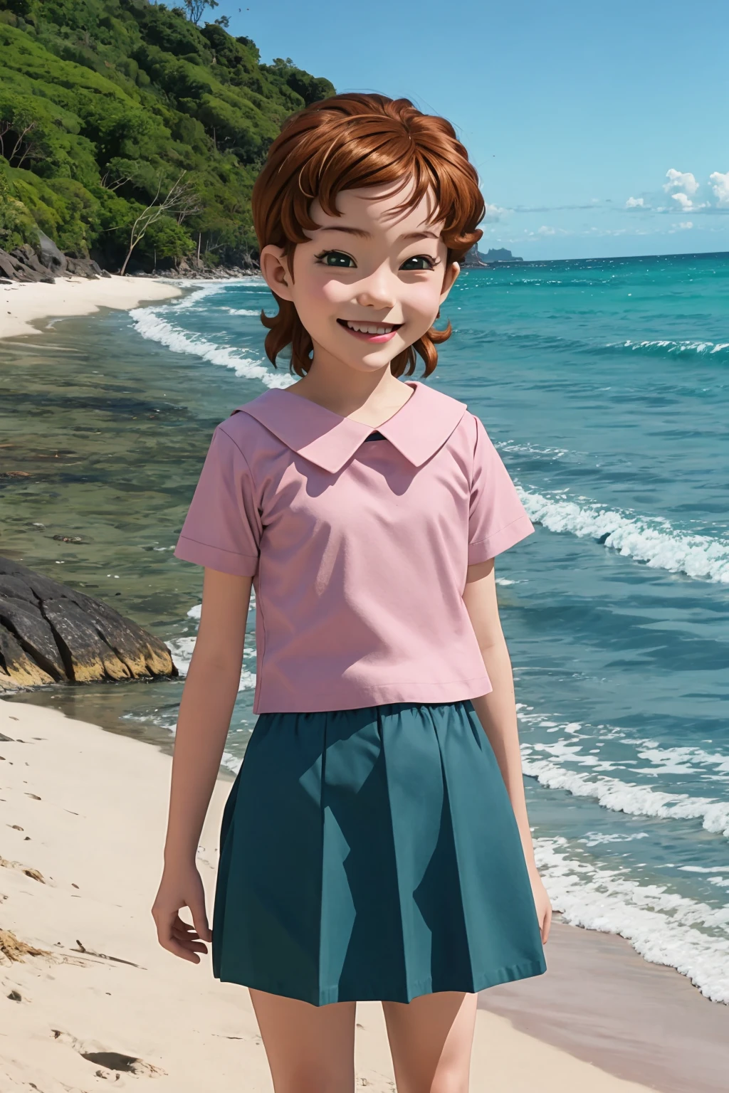 sndsuzuka, child, very short hair, brown hair, green eyes, bangs, student uniform, smile, standing, beach <lora:sounanda-suzuka-3:1>