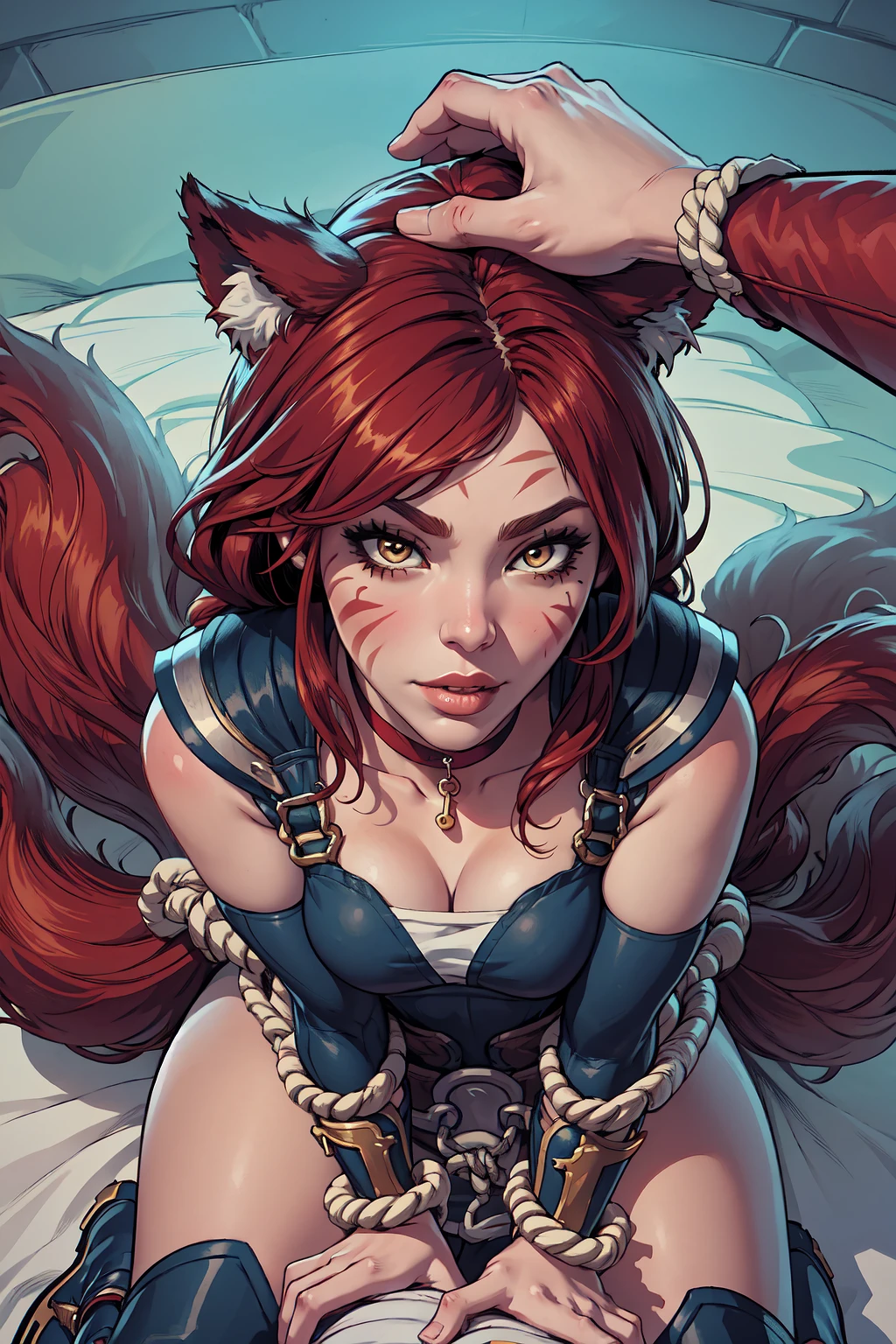 masterpiece, best quality, IncrsAhriFF, (facial mark:0.8), parted bangs, fox tail, multiple tails, armor, rope, choker, knee boots, wrist wrap, belt, <lora:AhriFoxfire:0.8>, IncrsHeadpatPOV, headpat, pov, <lora:Pos_HeadpatPOV:1>