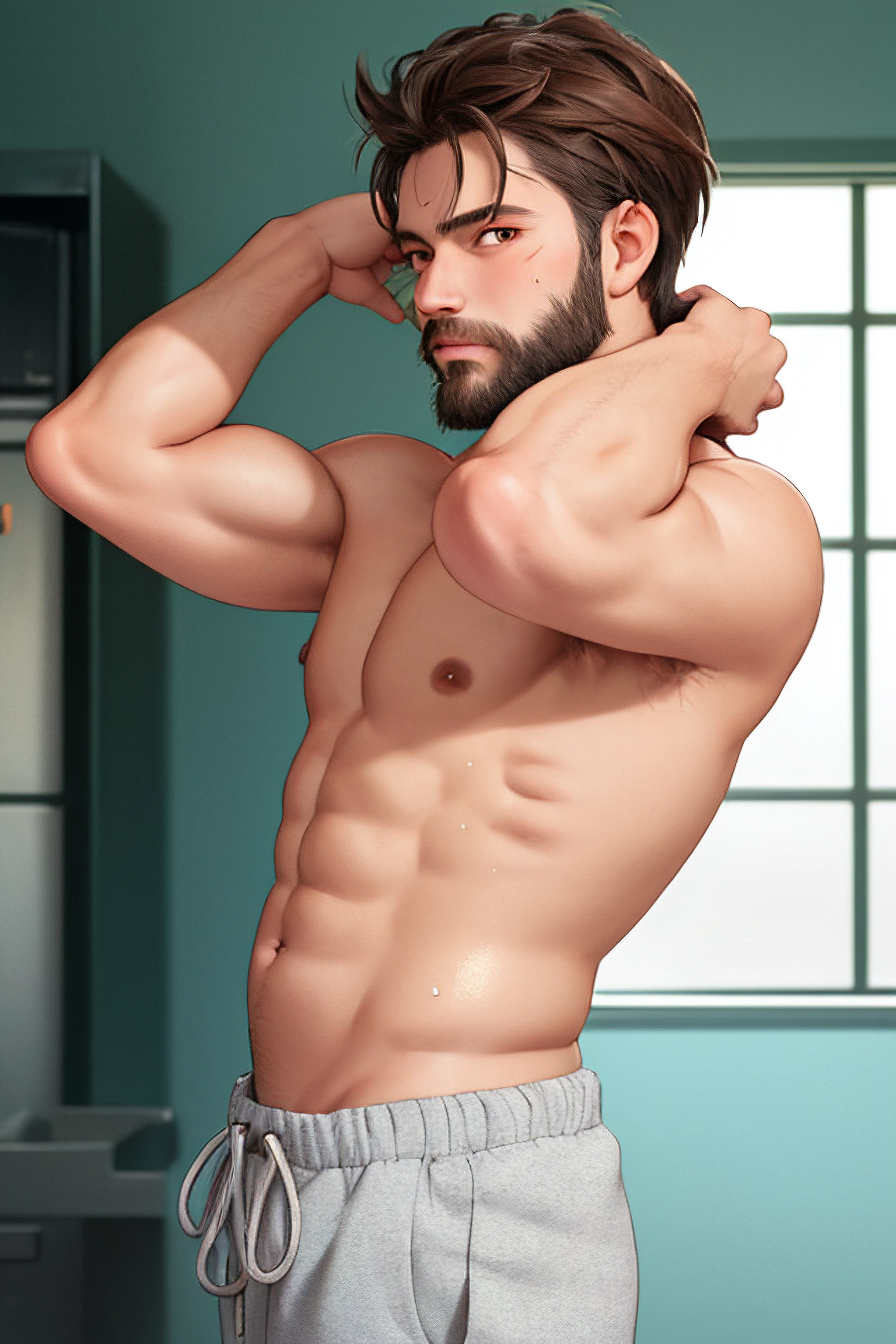 (masterpiece, best quality), 1boy, tall, muscular, brown hair, very short spiked hair, orange eyes, beard, topless, sweatpants, sweat, sweatdrop, shiny skin, shiny hair, hand in own hair, scar, serious, looking at viewer, indoors, cowboy shot, from side, looking at viewer