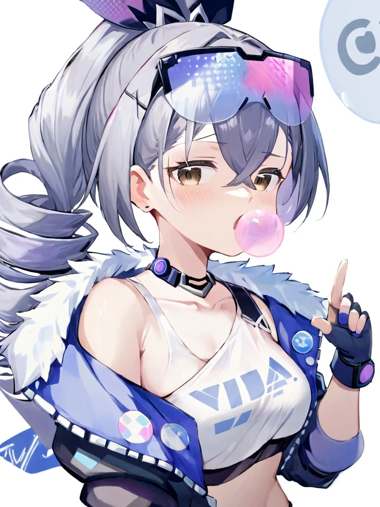 ltra-detailed,(best quality),((masterpiece)),(highres),original,extremel,<lora:Silver Wolfx 2_xl:1>,yinlang, 1girl, chewing gum, solo, bubble blowing, breasts, jacket, gloves, looking at viewer, black gloves, white background, simple background, blush, hair ornament, black jacket, choker, fur trim, fingerless gloves, v, multicolored hair, streaked hair, upper body, crop top, sweat, cleavage, open jacket, open clothes, shirt, hair between eyes, collarbone, tinted eyewear, earrings, hairclip, off shoulder, white shirt, jewelry, medium breasts, sports bra