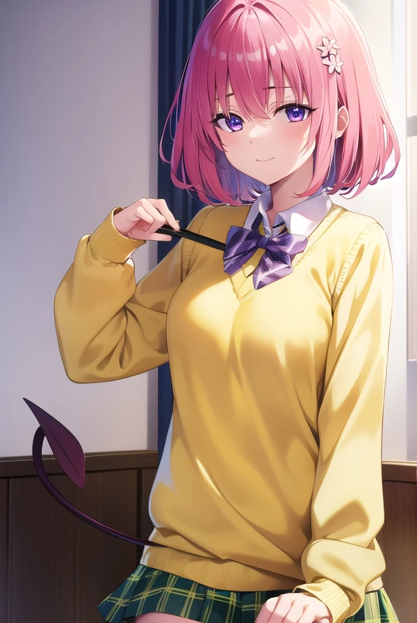 momodevilluke, <lora:momodeviluke-lora-nochekaiser:1>,
momo deviluke, demon tail, hair flower, hair ornament, (purple eyes:1.1), pink hair, short hair, tail, <lora:sensualface_type4:0.8>, smile,
BREAK demon tail, green skirt, plaid, plaid skirt, sainan high school uniform, school uniform, skirt, sweater vest, thighhighs, (yellow sweater:1.5),
BREAK indoors, classroom,
BREAK looking at viewer, (cowboy shot:1.5),
BREAK <lyco:GoodHands-beta2:1>, (masterpiece:1.2), best quality, high resolution, unity 8k wallpaper, (illustration:0.8), (beautiful detailed eyes:1.6), extremely detailed face, perfect lighting, extremely detailed CG, (perfect hands, perfect anatomy),