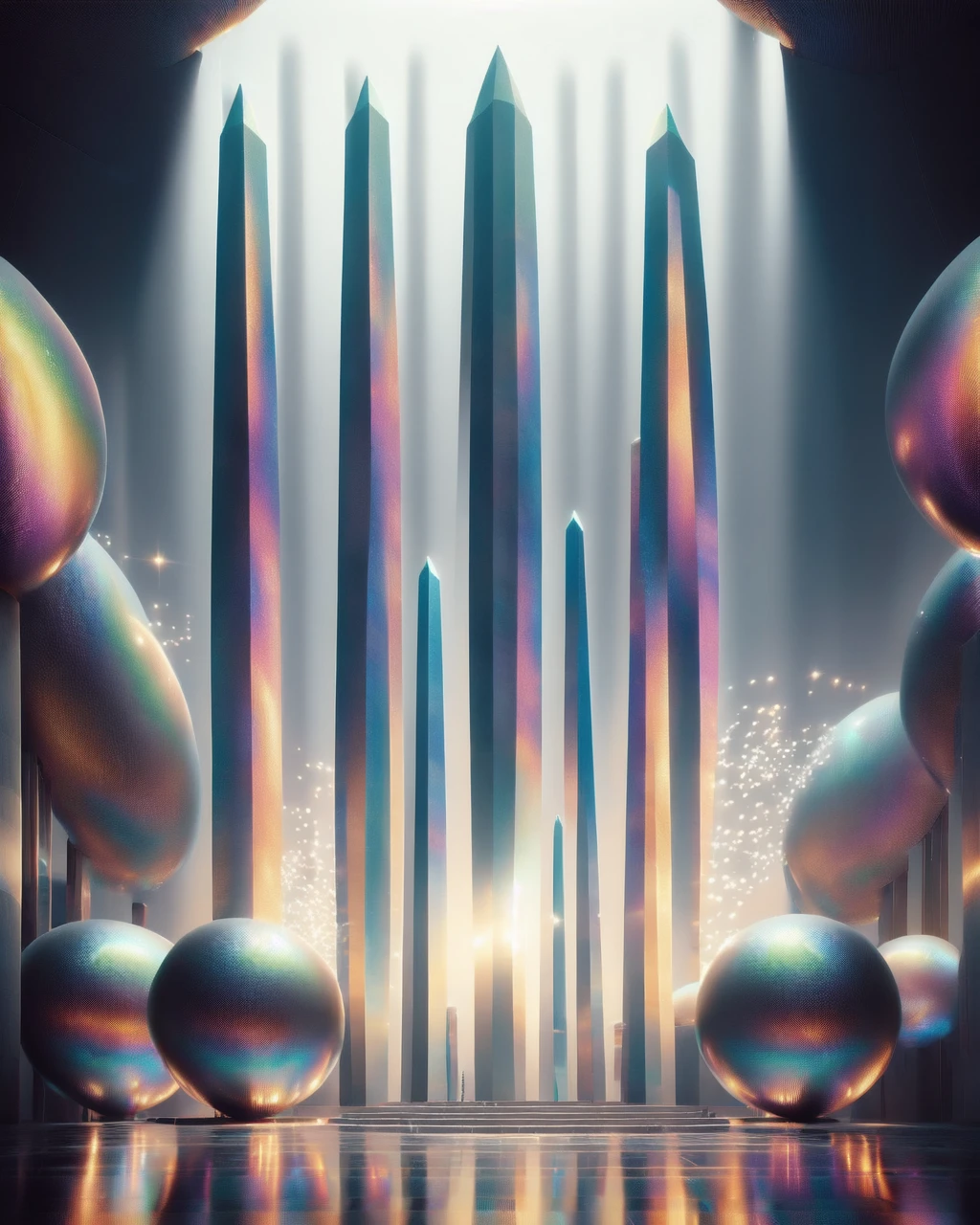 (obelisk:1.1), sphere, realistic, reflective floor, gradient, gradient background, no humans, sparkle, rainbow, orb, colorful, <lora:tower_and_sphere_v2:1>