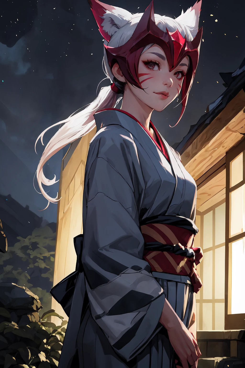 masterpiece, best quality, IncrsAhriChall, facial mark, ponytail, long hair, <lora:AhriChallenger:0.8>, yukata, short yukata, <lora:Outfit_Kimono:1>, onsen, outdoors, night, dark enviroment, headgear, smile,