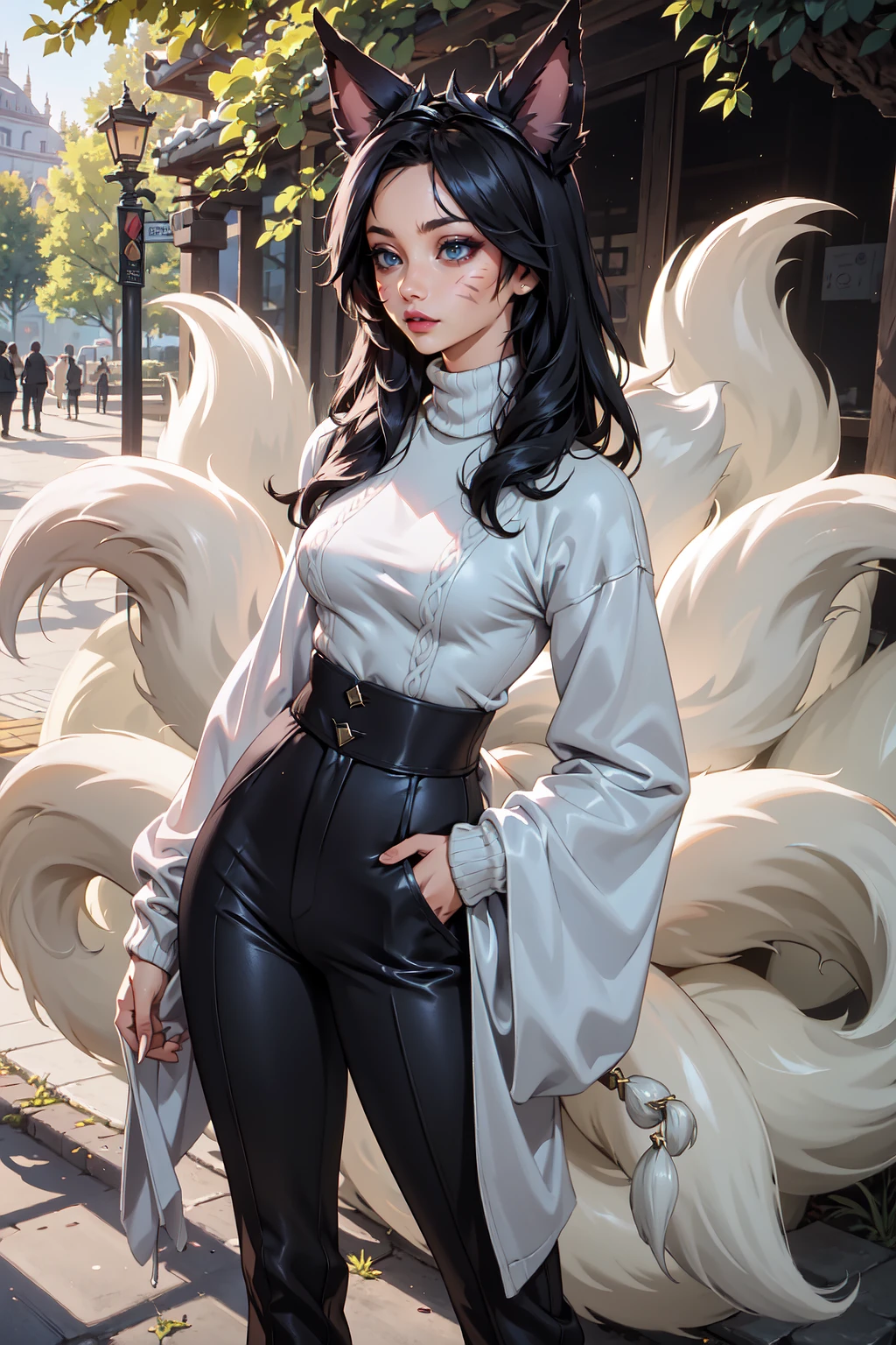 masterpiece, best quality, IncrsAhriMN, fox tail, multiple tails, <lora:AhriMidnight:0.8>, shirt, long sleeves, standing, pants, sweater, turtleneck, black pants, high-waist pants, outdoors, (facial mark:0.8),