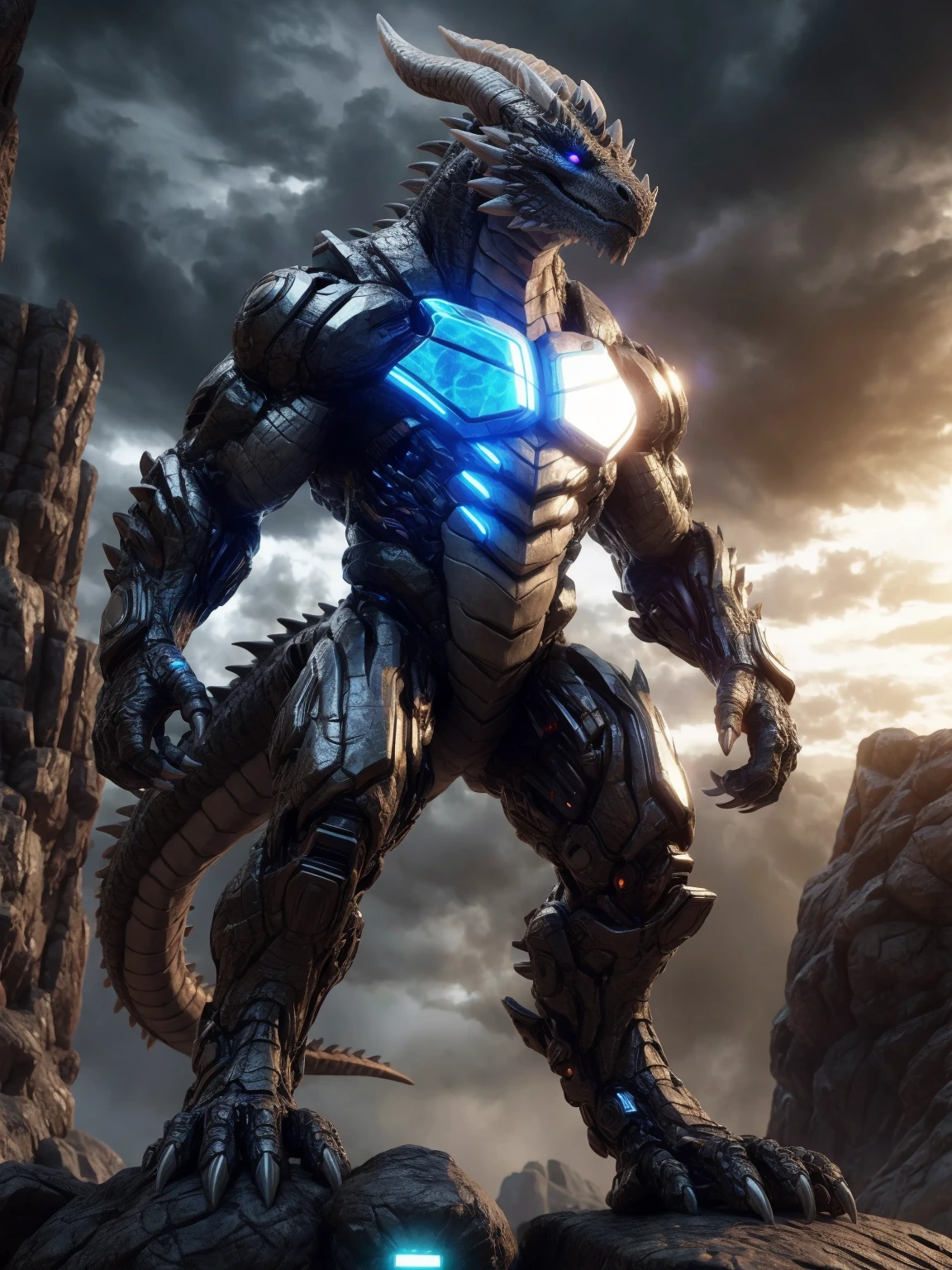 An advanced bionic mech, cybrog, anthro, dragon, male, white body, silver torse, shiny, full body, Muscle, Delicate face, Delicate eyes, (1 tail), (glowing LED:1.1), energy, digitigrade, outdoors, extremely detailed CG unity 8k wallpaper, realistic, masterpiece, highest quality, lens flare, unreal engine, trending on ArtStation, Intricate, High Detail, dramatic, realism, beautiful and detailed lighting, shadows, thunder