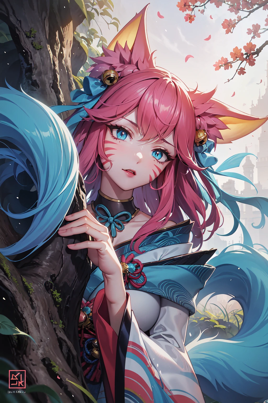 masterpiece, best quality, IncrsAhriSD, facial mark, fox tail, multiple tails, kimono, <lora:AhriSpiritBlossom:1>, peeking out upper body, <lora:Pos_PeekingOut:1.3>, tree,