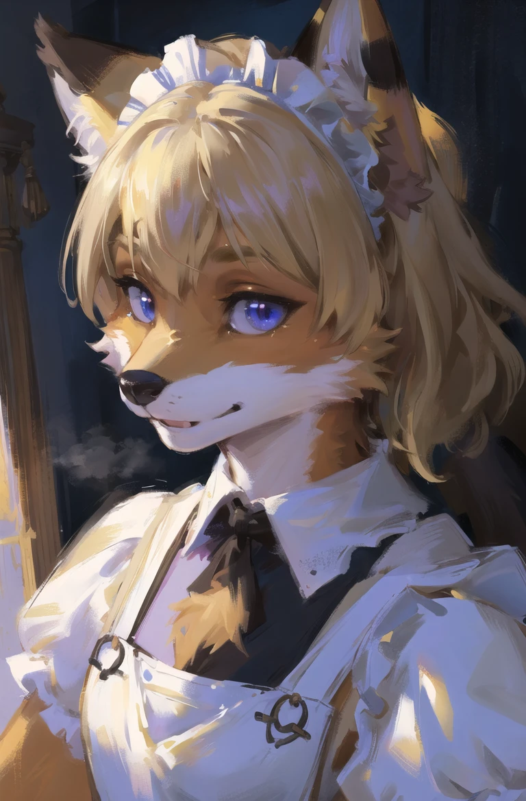 absurdres, highres, ultra detailed, masterpiece, sharp shading,portrait, 
fox furry girl,???,maid dress,(white apron:1.2),oil painting,straight shot
blonde,high detail eyes,