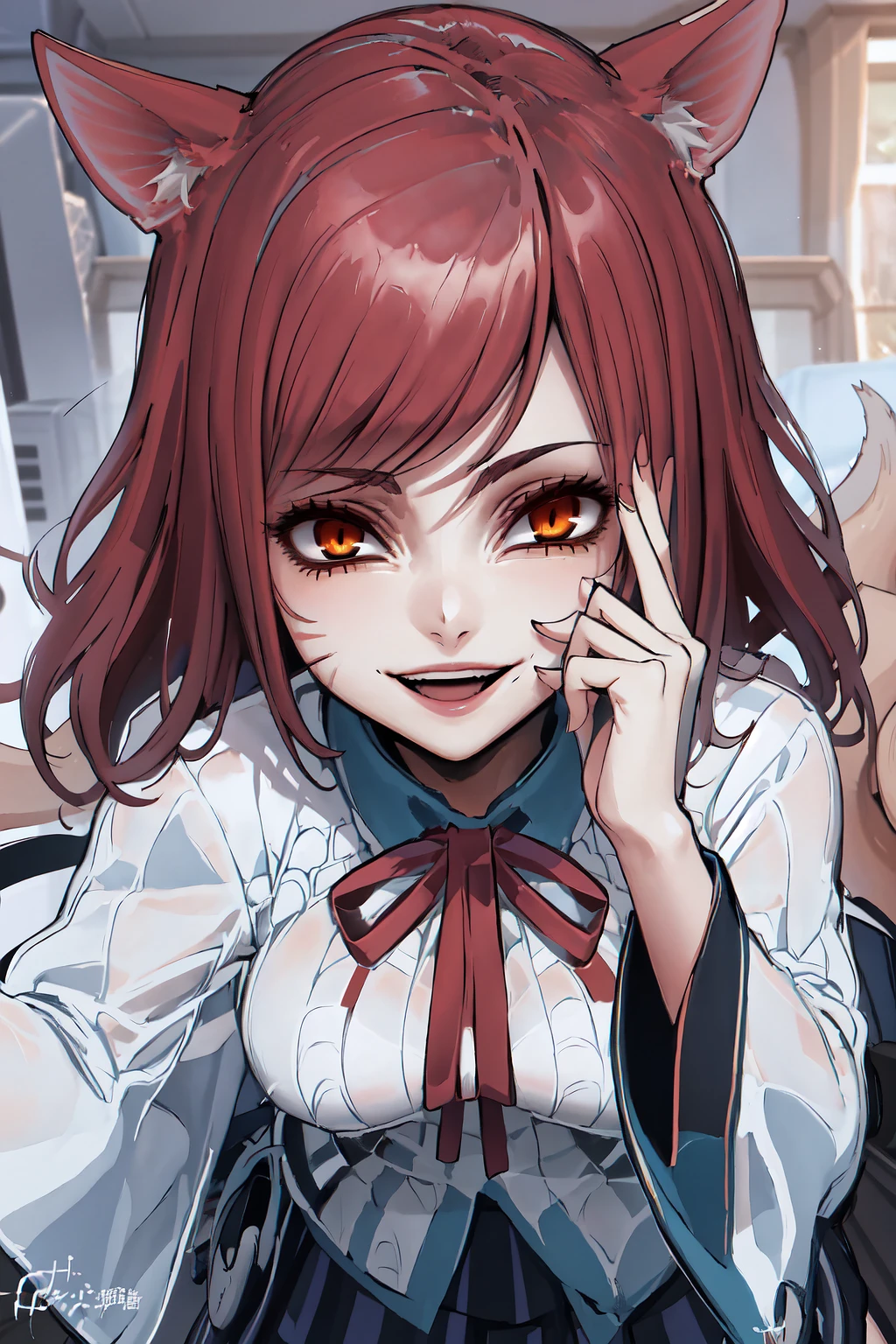 masterpiece, best quality, IncrsAhriAcademy, facial mark, fox tail, multiple tails, school uniform, skirt, thighhighs, <lora:AhriAcademy:1>, 1girl solo, kabedon pov, looking at viewer, <lora:Pos_POVReceivers:1.2>, edgGesugao, edgGesugao facial expression, sadistic smile, evil smile, <lora:Expression_Gesugao:1>, smartphone,