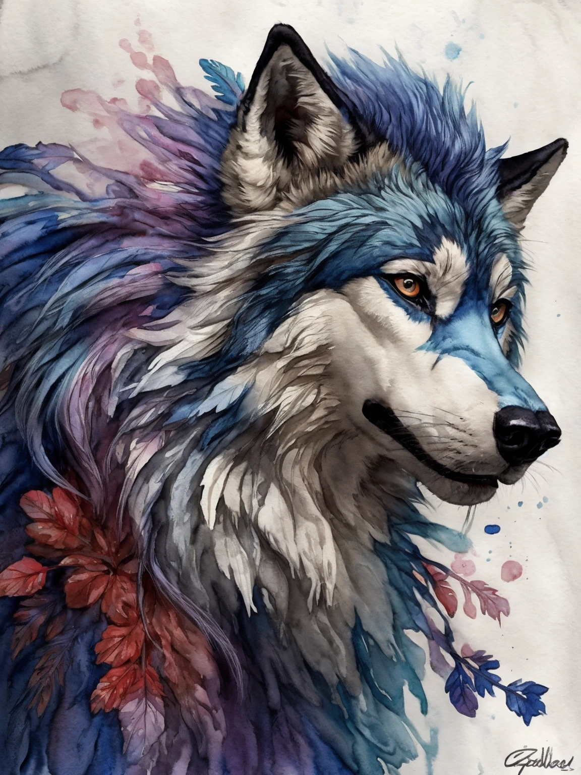 ornamental watercolor wolf, (ink outline), fine details, feather mane, (ink splash)