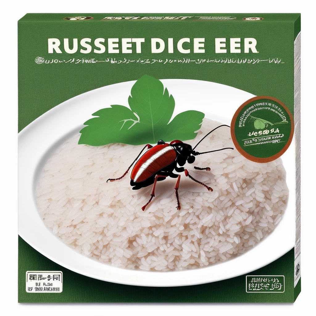 A packaged cooking kit designed for preparing raw insect rice. The box should be eco-friendly and visually appealing to attract health-conscious and adventurous eaters. The English product name, such as 'Insect Rice Culinary Kit,' should be prominently displayed on the box. Imagery on the box could include illustrations or photos of the raw insects and rice grains, perhaps arranged in a stylish and appetizing manner. The color scheme should evoke natural and organic vibes, possibly using earth tones or shades of green and brown. Additional text could include cooking instructions, nutritional facts, and benefits of eating insect-based foods, <lora:tlbv1:0.7> , <lora:Grit-SDXL:0.8> grit, rust, stains